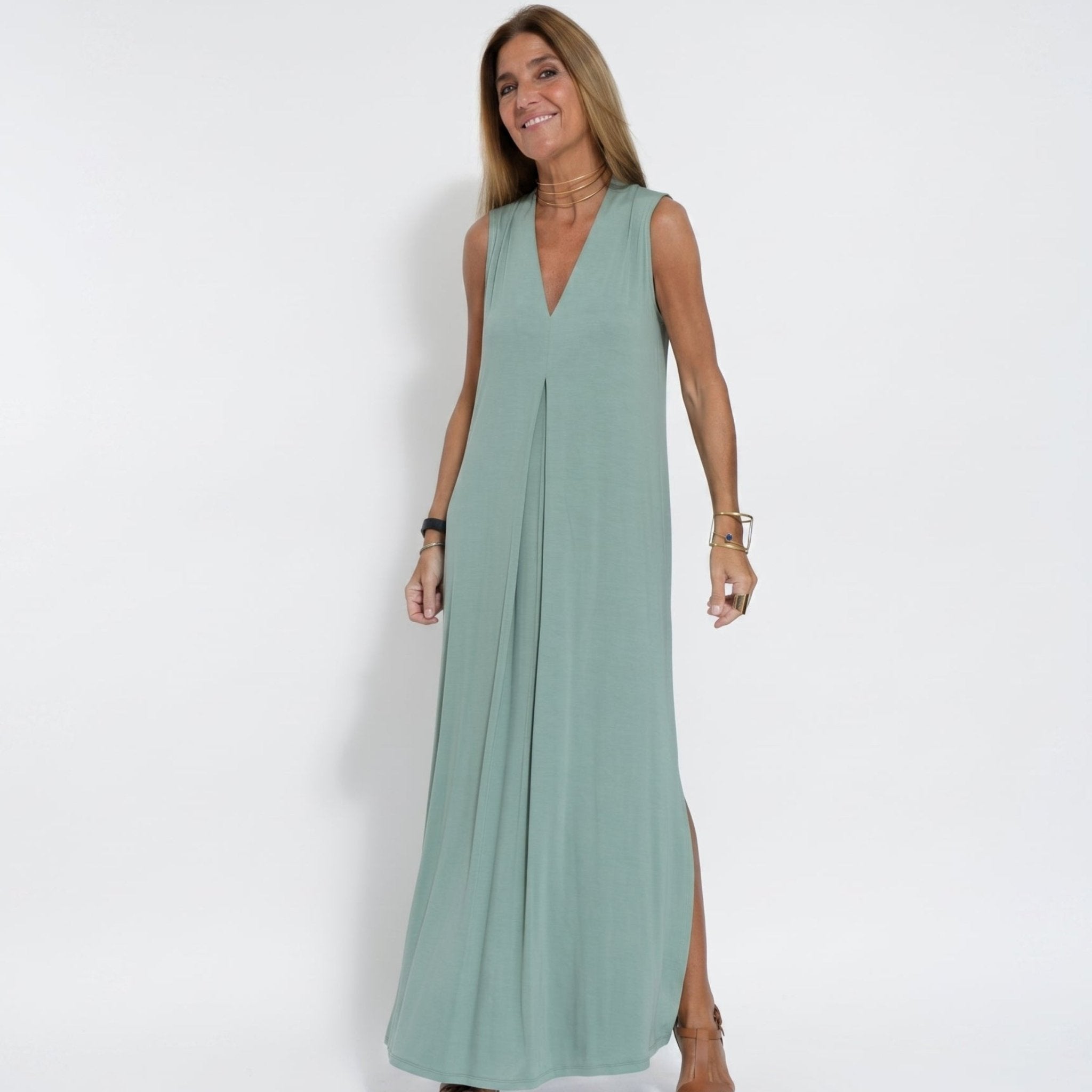 Alwine - Women's Summer Sleeveless Pleated Maxi Dress - Dresses - Light Green - Taylor & Bennett
