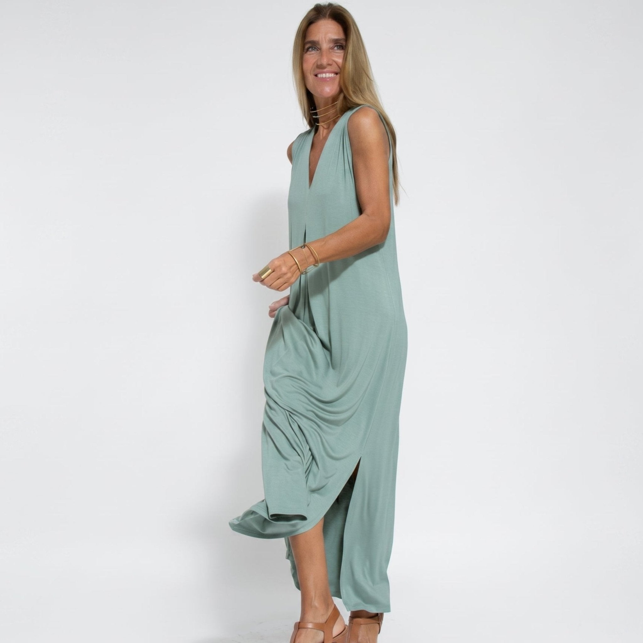 Alwine - Women's Summer Sleeveless Pleated Maxi Dress - Dresses - Light Green - Taylor & Bennett