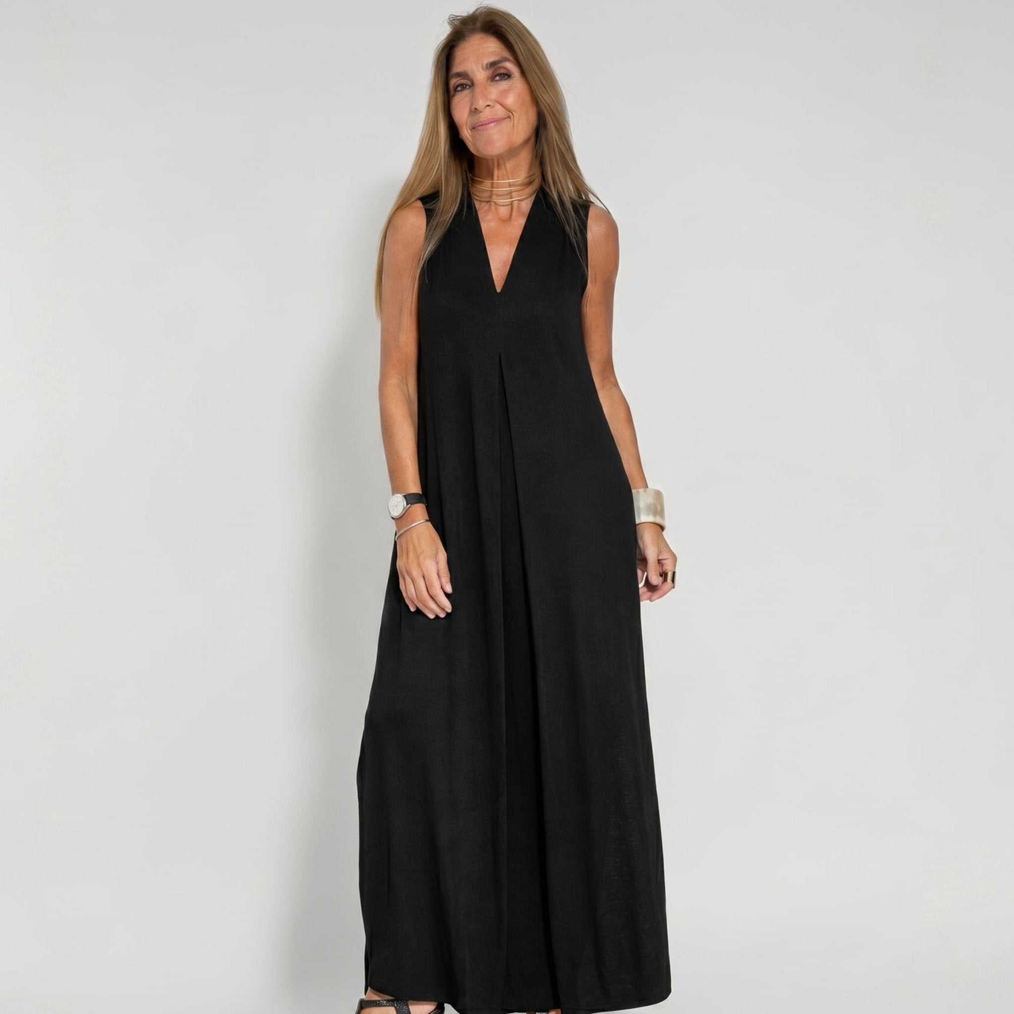 Alwine - Women's Summer Sleeveless Pleated Maxi Dress - Dresses - Black - Taylor & Bennett