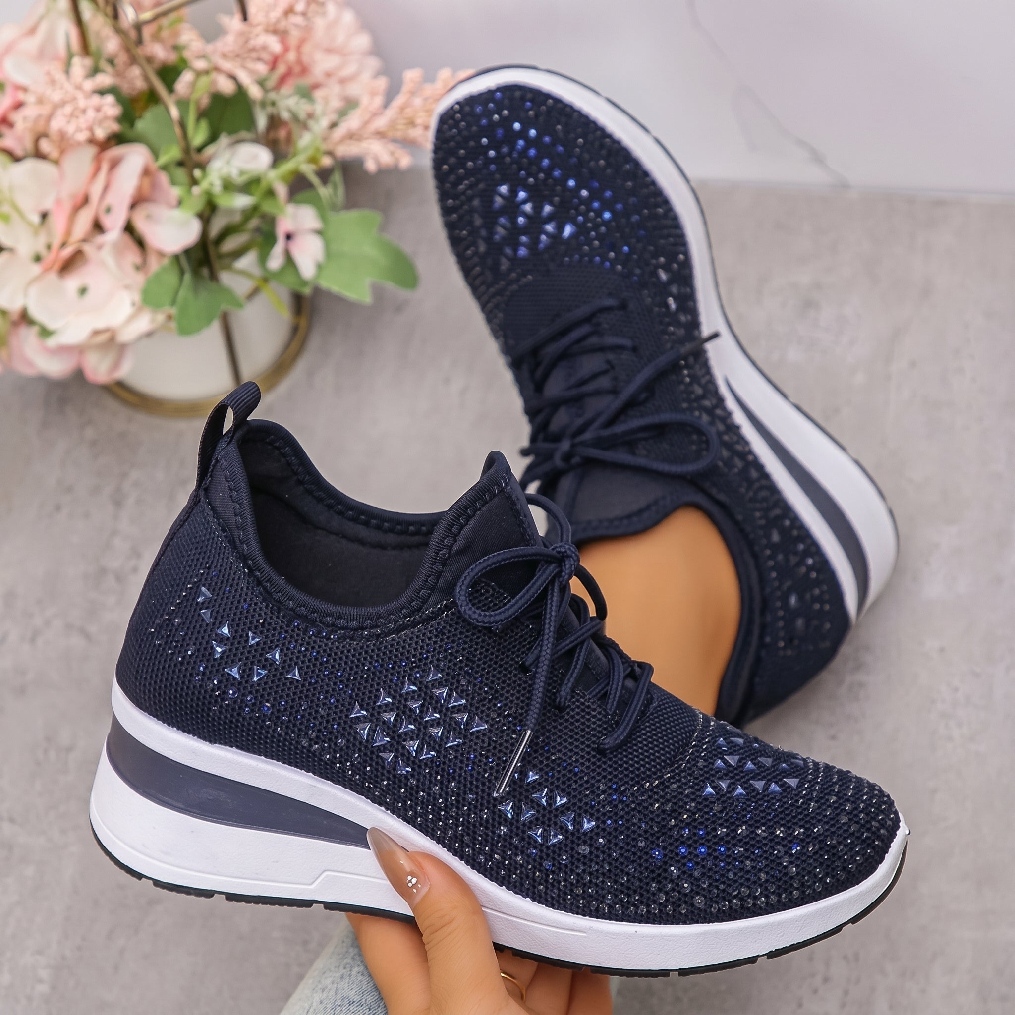 Amber - Women's Breathable Wedge Sole Low-Top Trainers - Trainers - Navy Blue - Taylor & Bennett