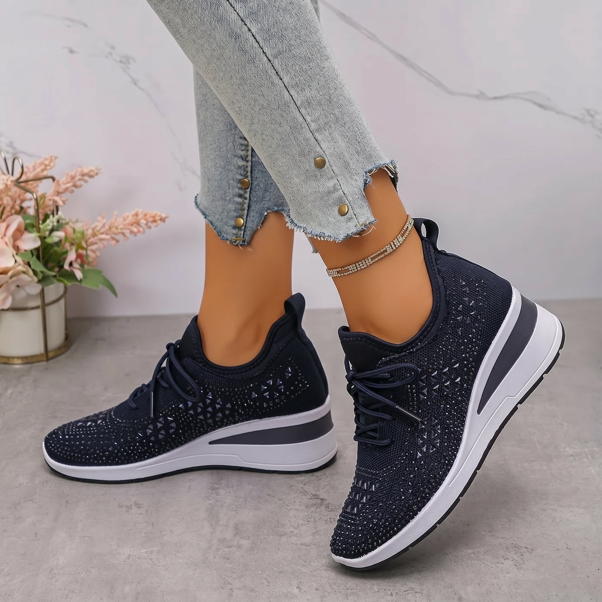 Amber - Women's Breathable Wedge Sole Low-Top Trainers - Trainers - Navy Blue - Taylor & Bennett