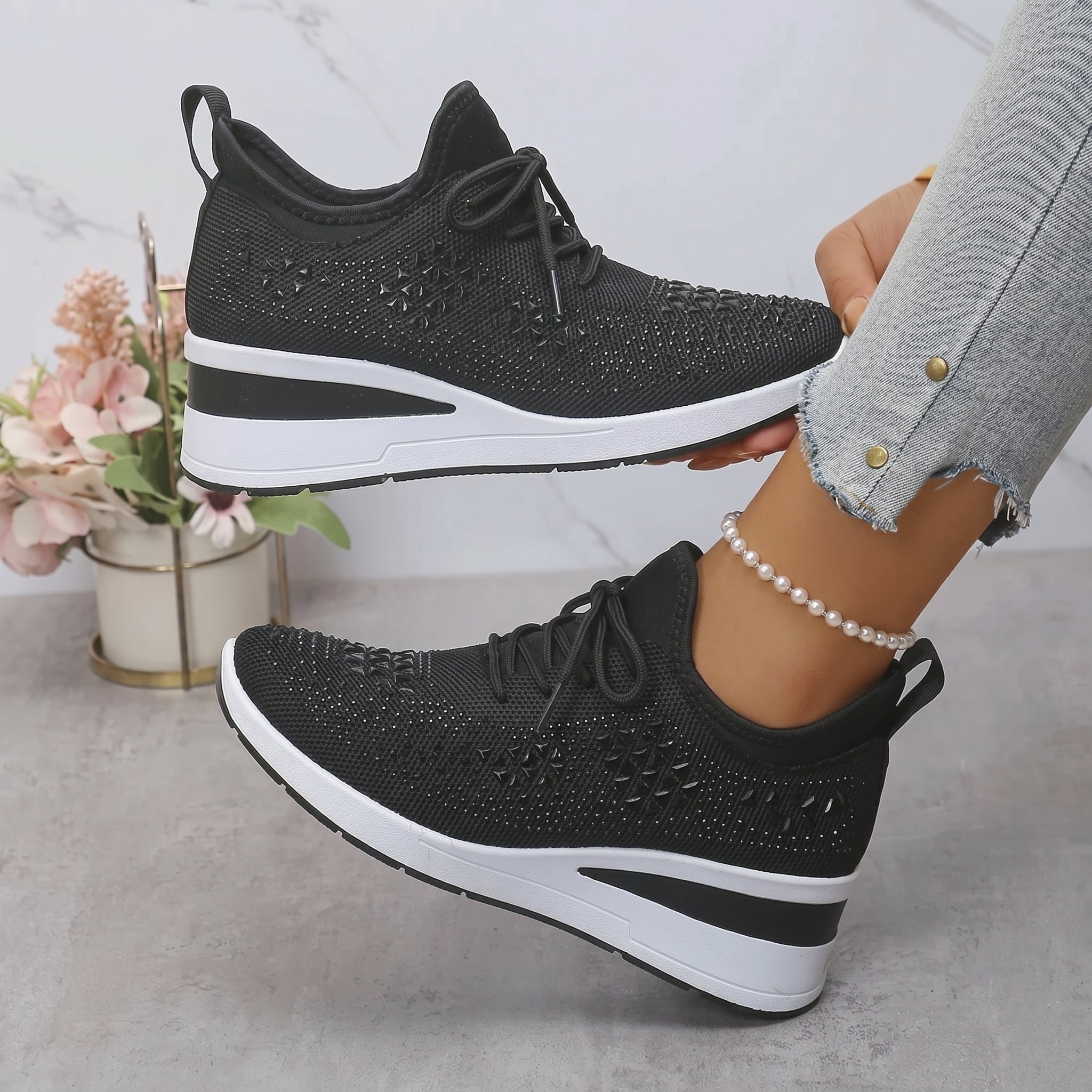 Amber - Women's Breathable Wedge Sole Low-Top Trainers - Trainers - Black - Taylor & Bennett
