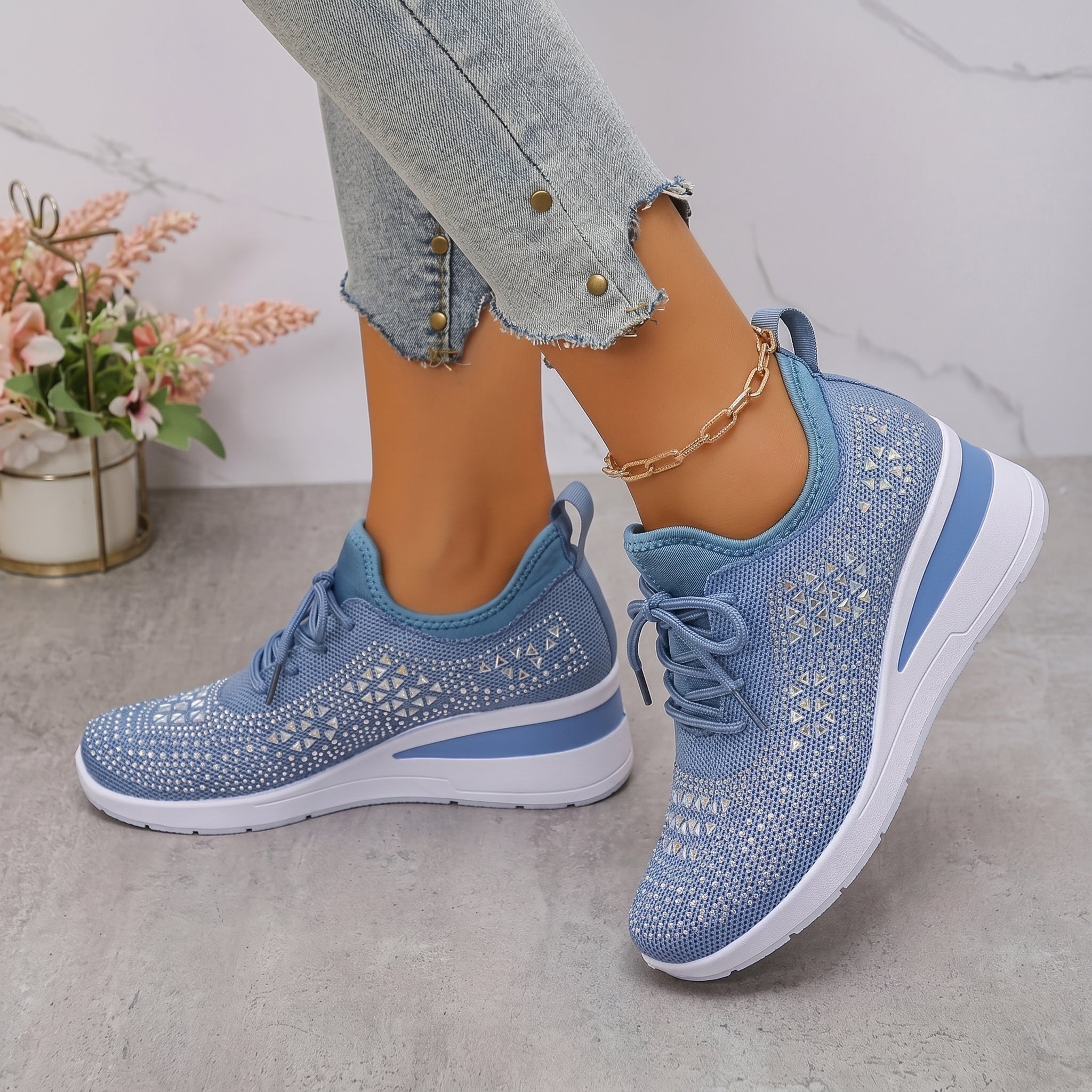 Amber - Women's Breathable Wedge Sole Low-Top Trainers - Trainers - Light Blue - Taylor & Bennett