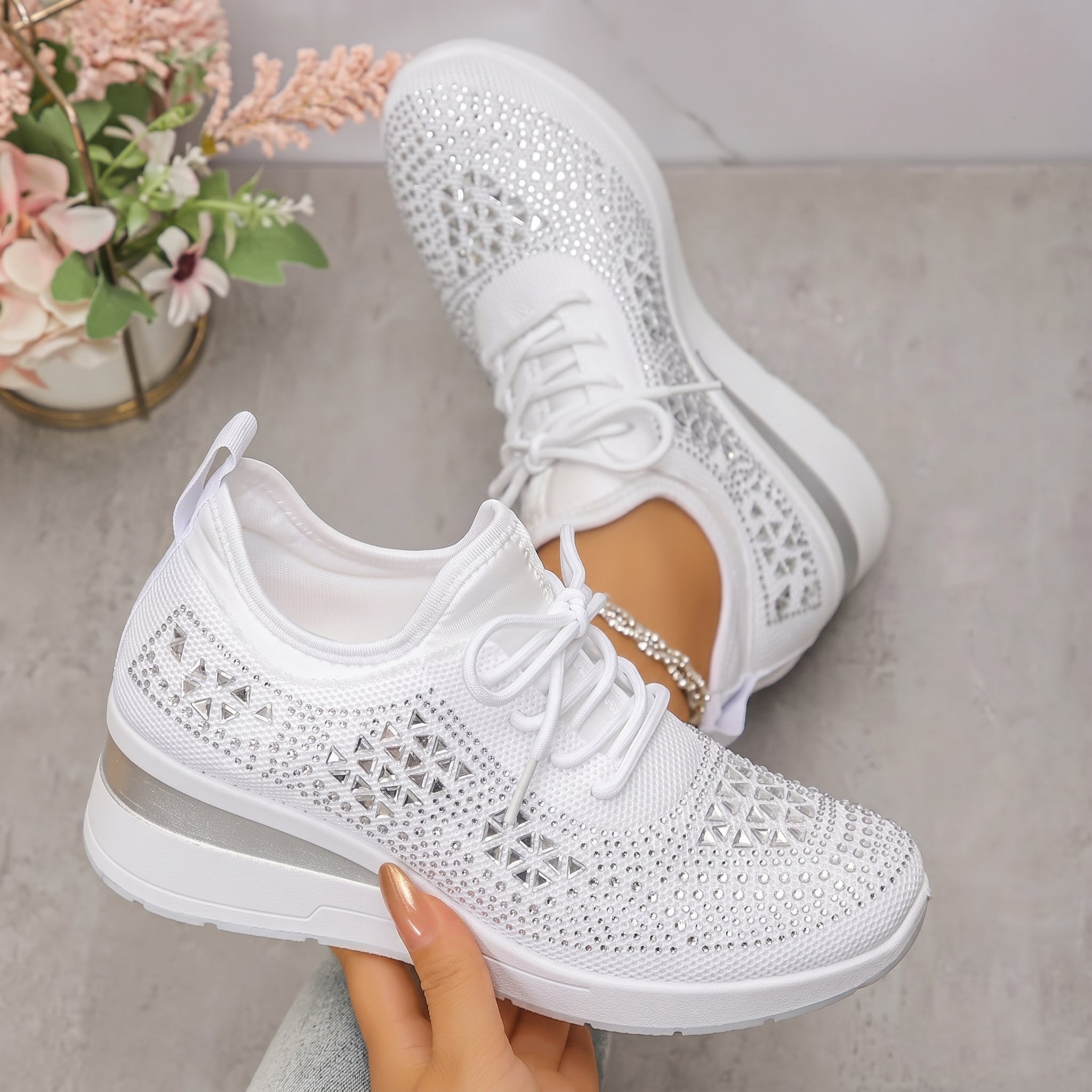 Amber - Women's Breathable Wedge Sole Low-Top Trainers - Trainers - White - Taylor & Bennett