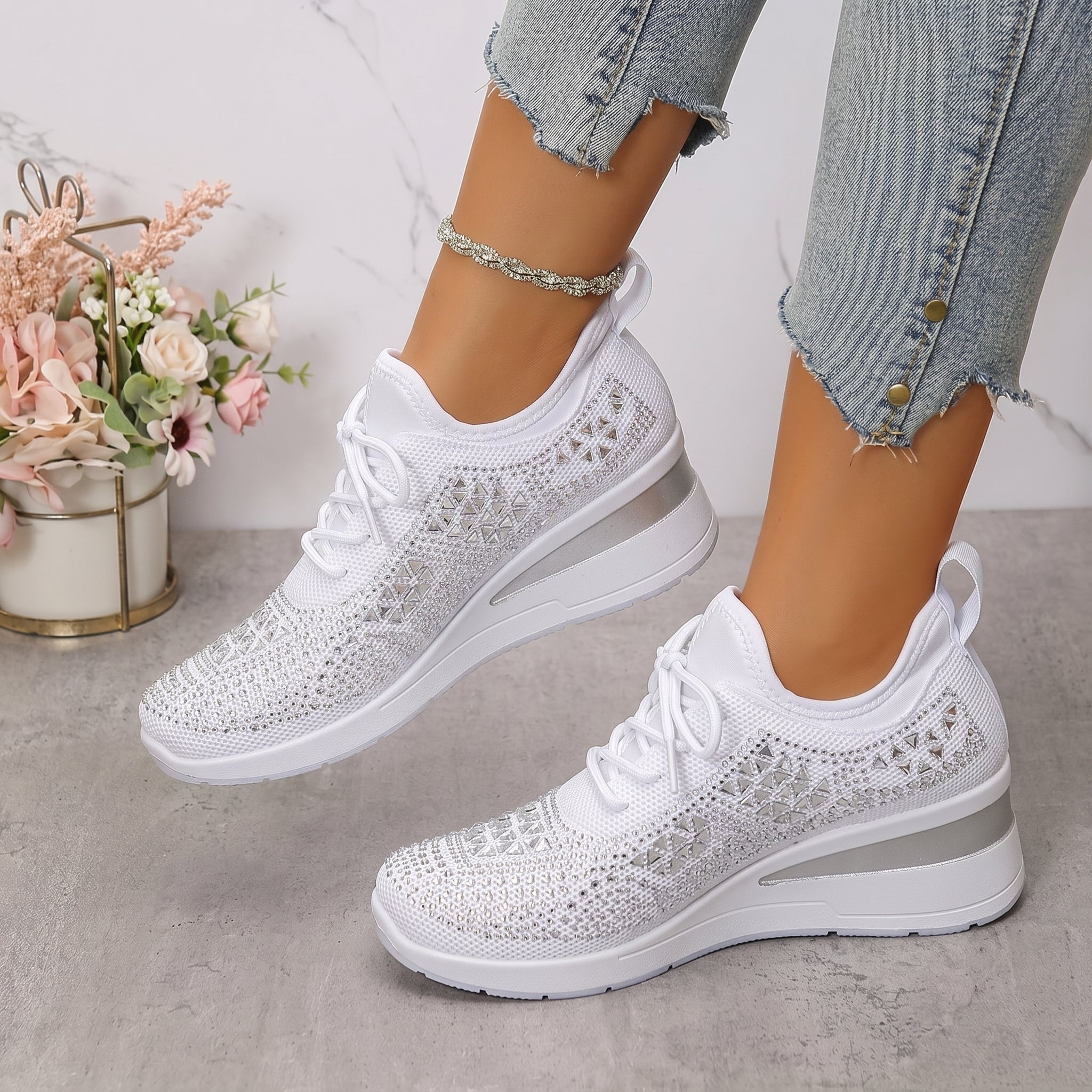 Amber - Women's Breathable Wedge Sole Low-Top Trainers - Trainers - White - Taylor & Bennett