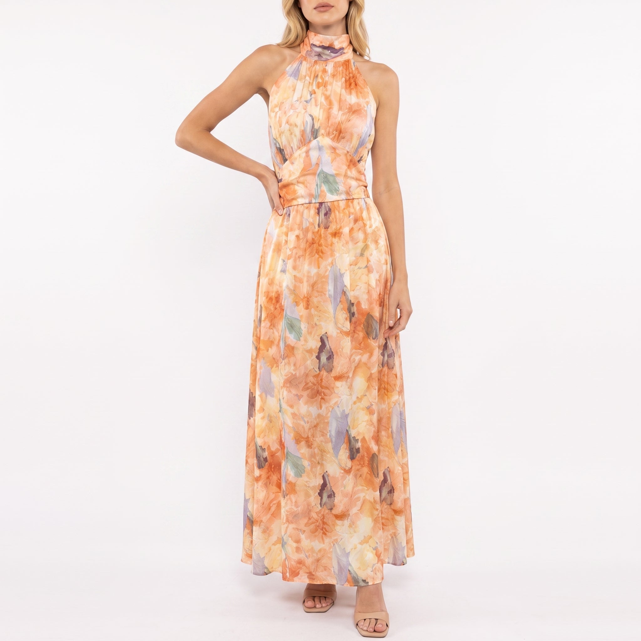 Amber - Women's Summer Abstract Print Halter Neck Maxi Dress - Dresses - Peach - Taylor & Bennett