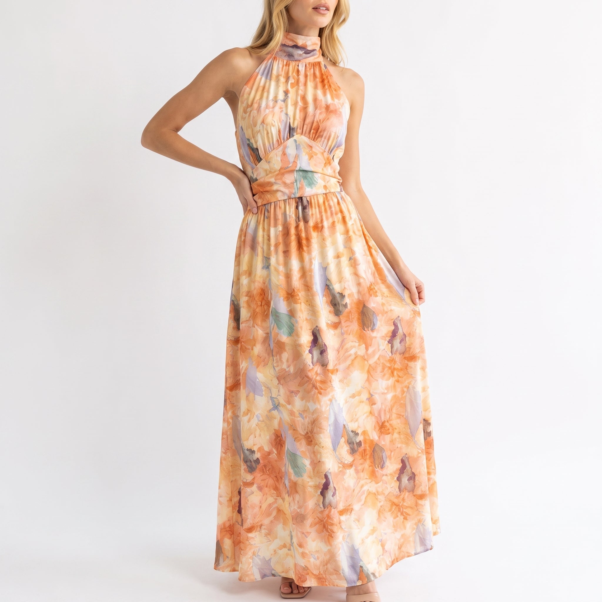 Amber - Women's Summer Abstract Print Halter Neck Maxi Dress - Dresses - Peach - Taylor & Bennett