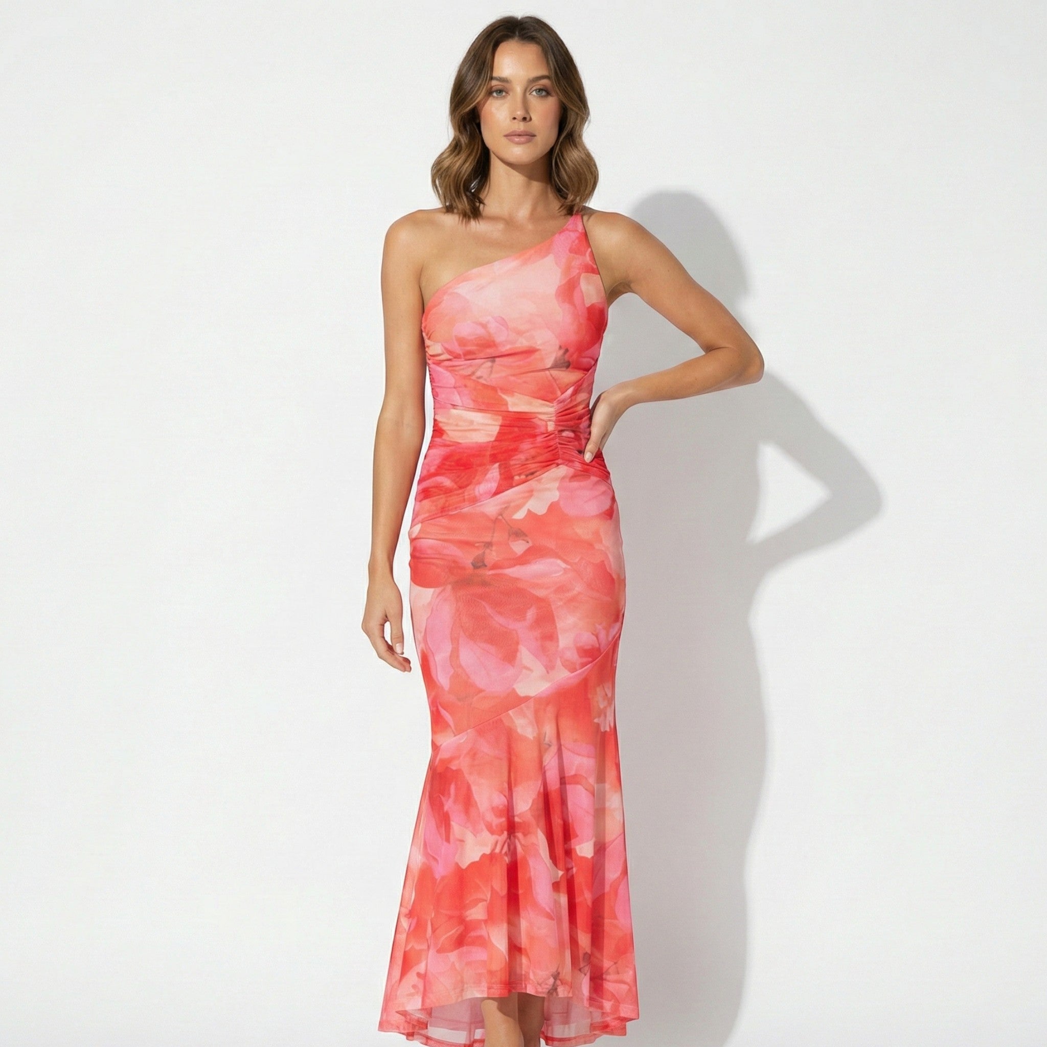 Amelia - Women's Floral Maxi Dress with One Shoulder Design - Dresses - Pink - Taylor & Bennett