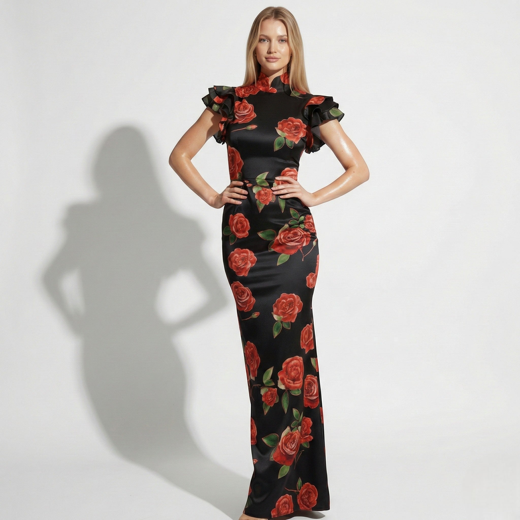 Amelia - Women's Floral Maxi Dress with Ruffle Sleeves - Dresses - Black - Taylor & Bennett