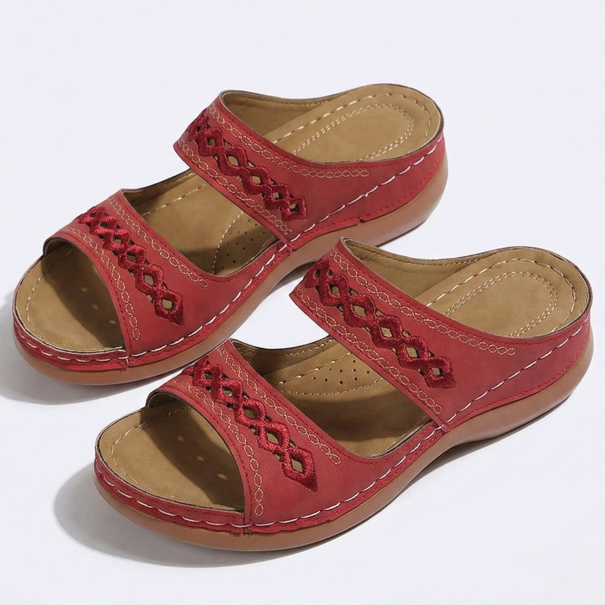 Amelia - Women's Open Toe Wedge Sandals with Dual Straps - Sandal - Red - Taylor & Bennett