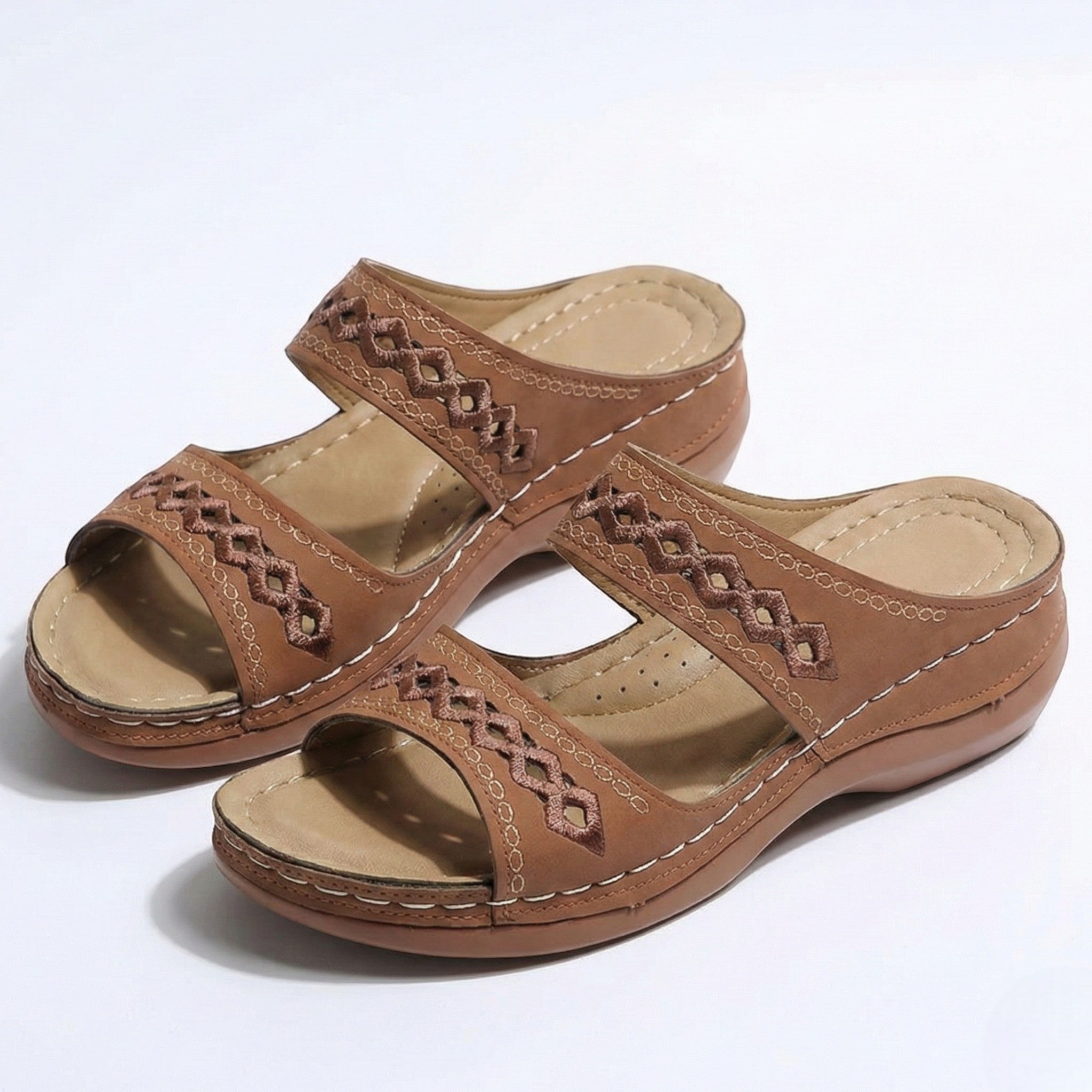 Amelia - Women's Open Toe Wedge Sandals with Dual Straps - Sandal - Brown - Taylor & Bennett