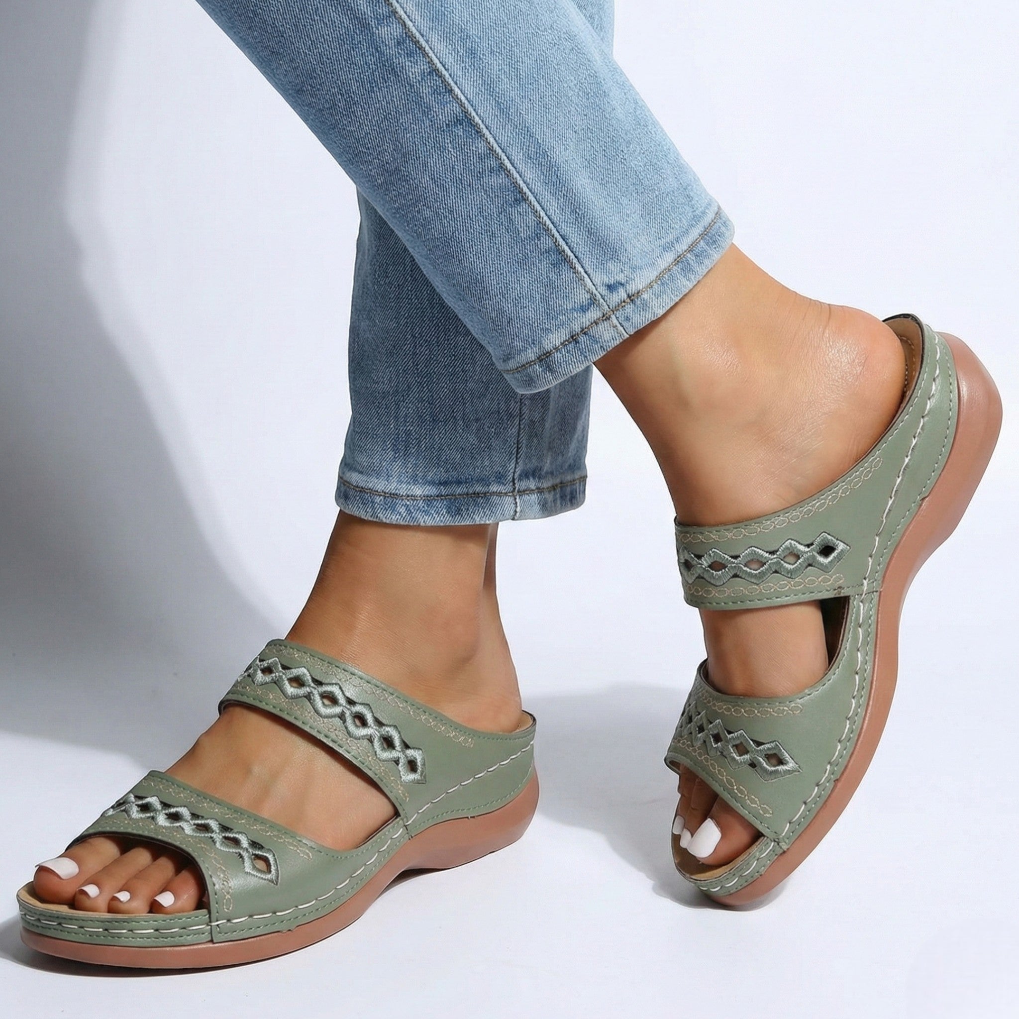 Amelia - Women's Open Toe Wedge Sandals with Dual Straps - Sandal - Green - Taylor & Bennett