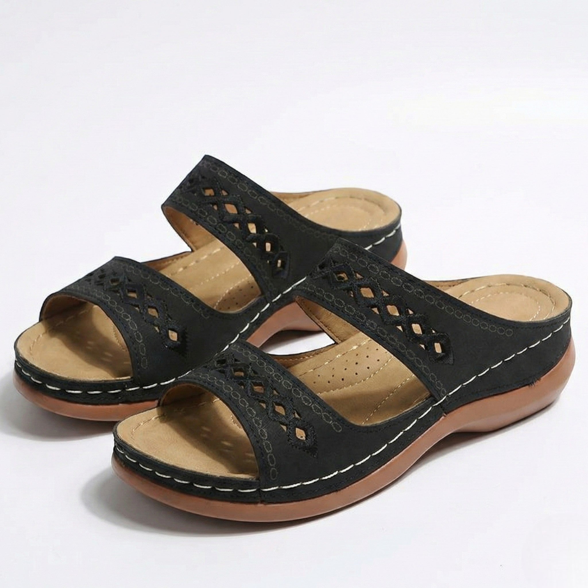 Amelia - Women's Open Toe Wedge Sandals with Dual Straps - Sandal - Black - Taylor & Bennett