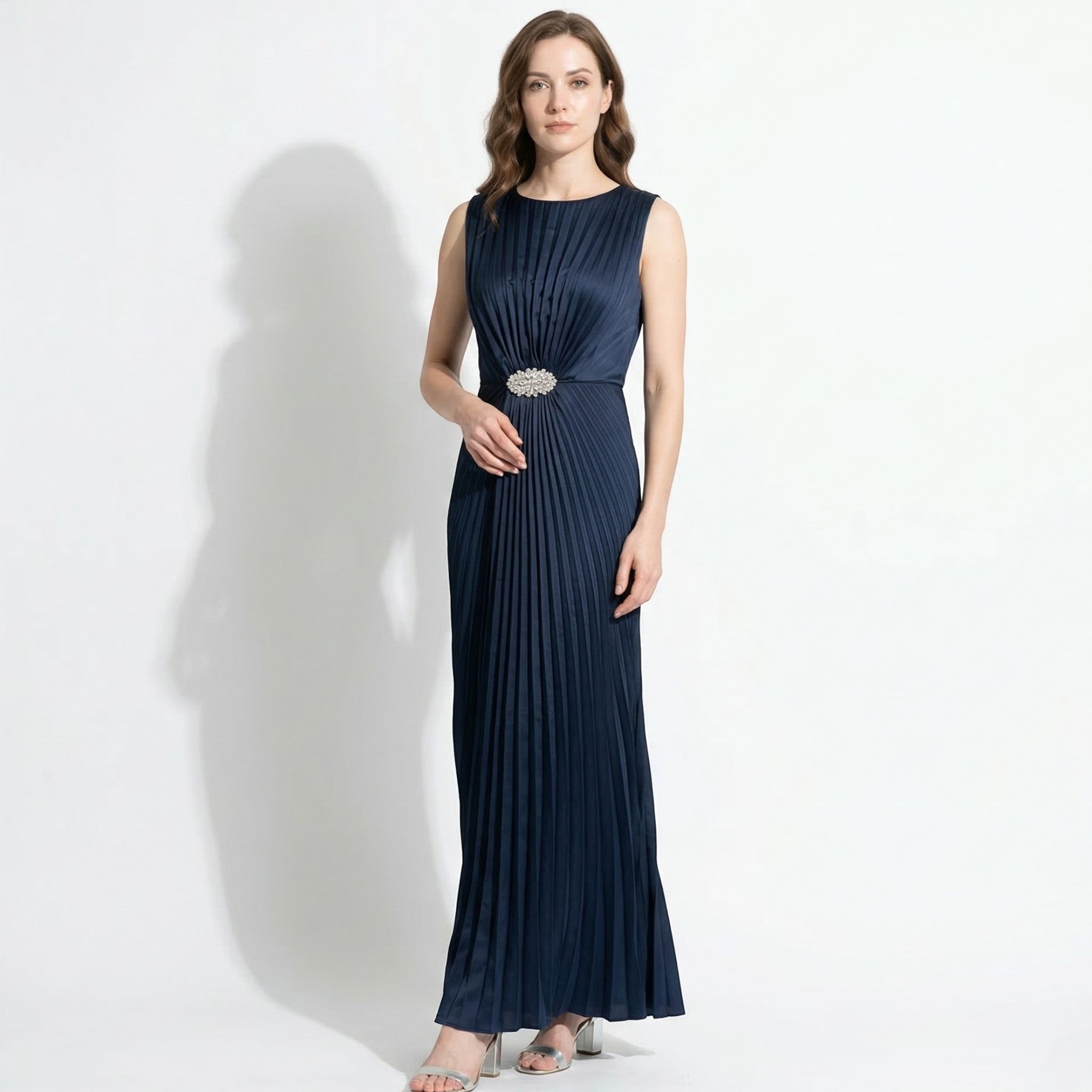 Amelia - Women's Pleated Maxi Dress with Waist Detail - Maxi Dresses - Navy Blue - Taylor & Bennett