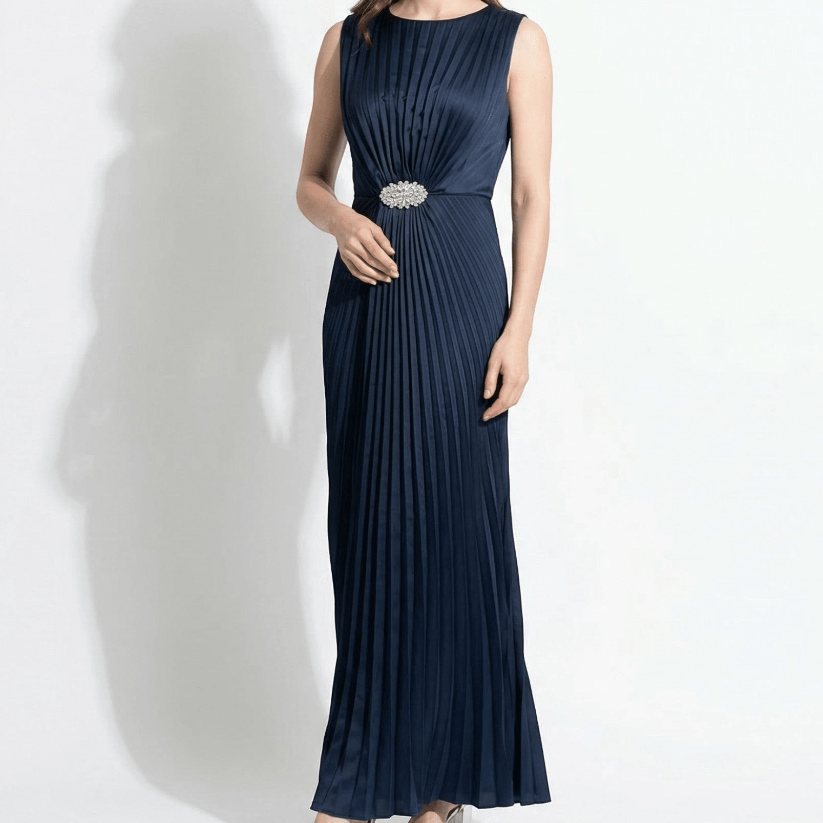 Amelia - Women's Pleated Maxi Dress with Waist Detail - Maxi Dresses - Navy Blue - Taylor & Bennett