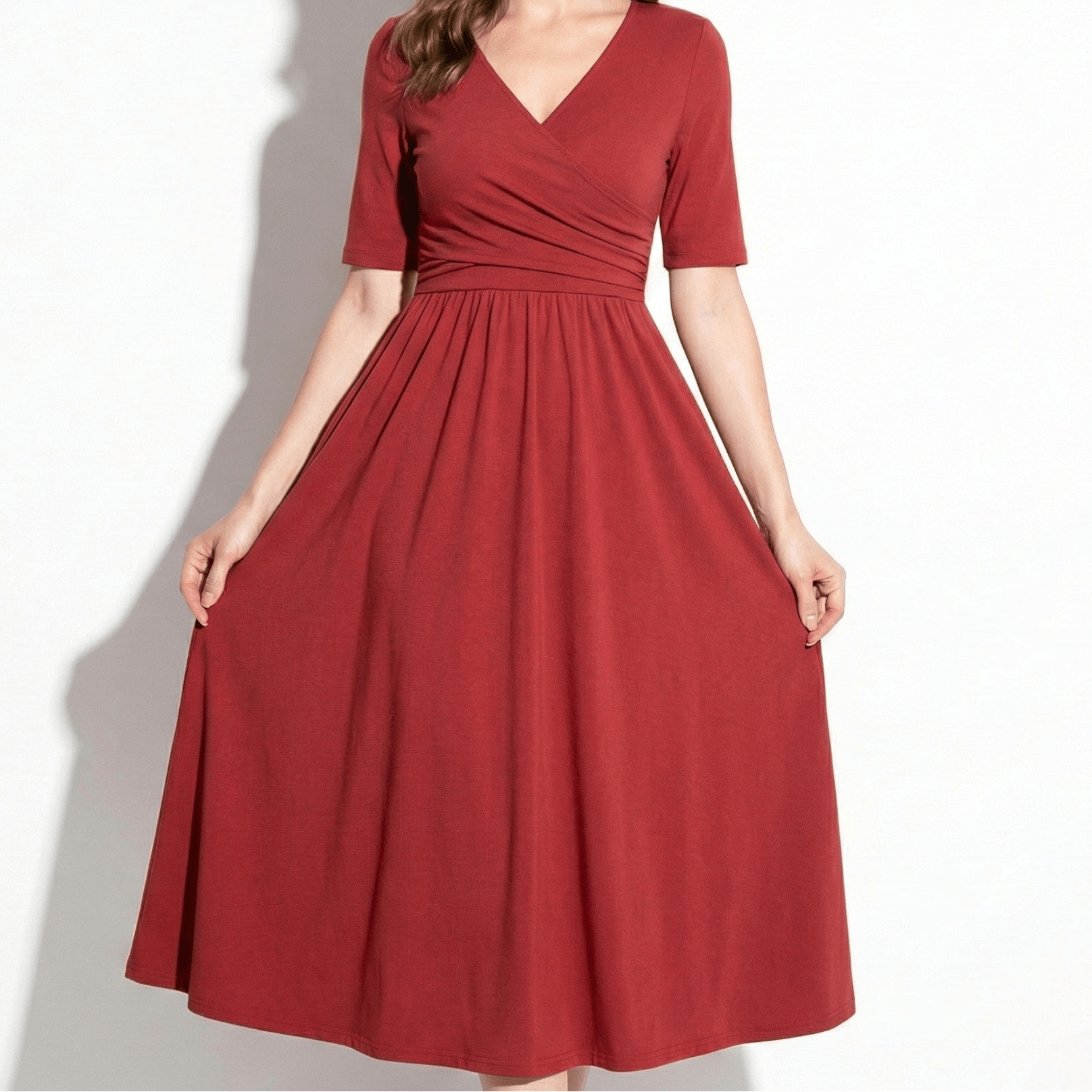 Amelia - Women's V - Neck Mid - Sleeve Flared Midi Dress - Women Dress - Red - Taylor & Bennett