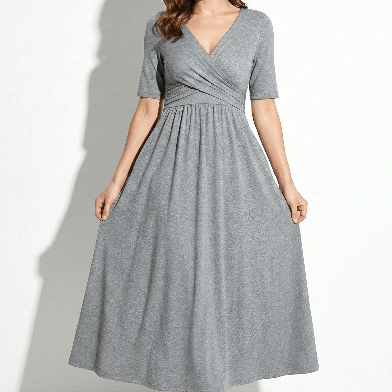 Amelia - Women's V - Neck Mid - Sleeve Flared Midi Dress - Women Dress - Grey - Taylor & Bennett