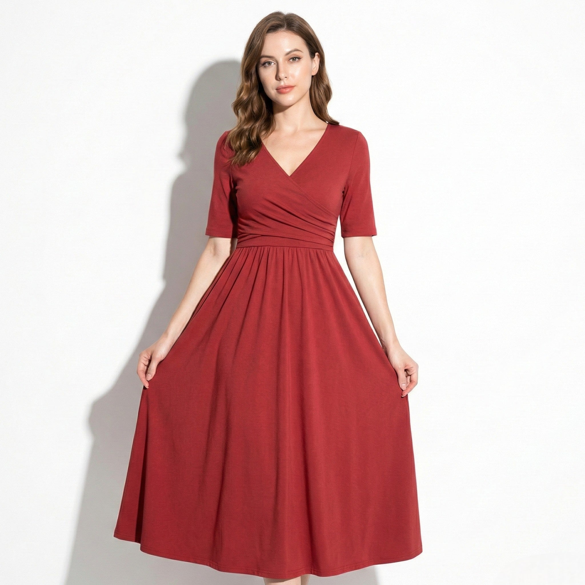Amelia - Women's V - Neck Mid - Sleeve Flared Midi Dress - Women Dress - Red - Taylor & Bennett