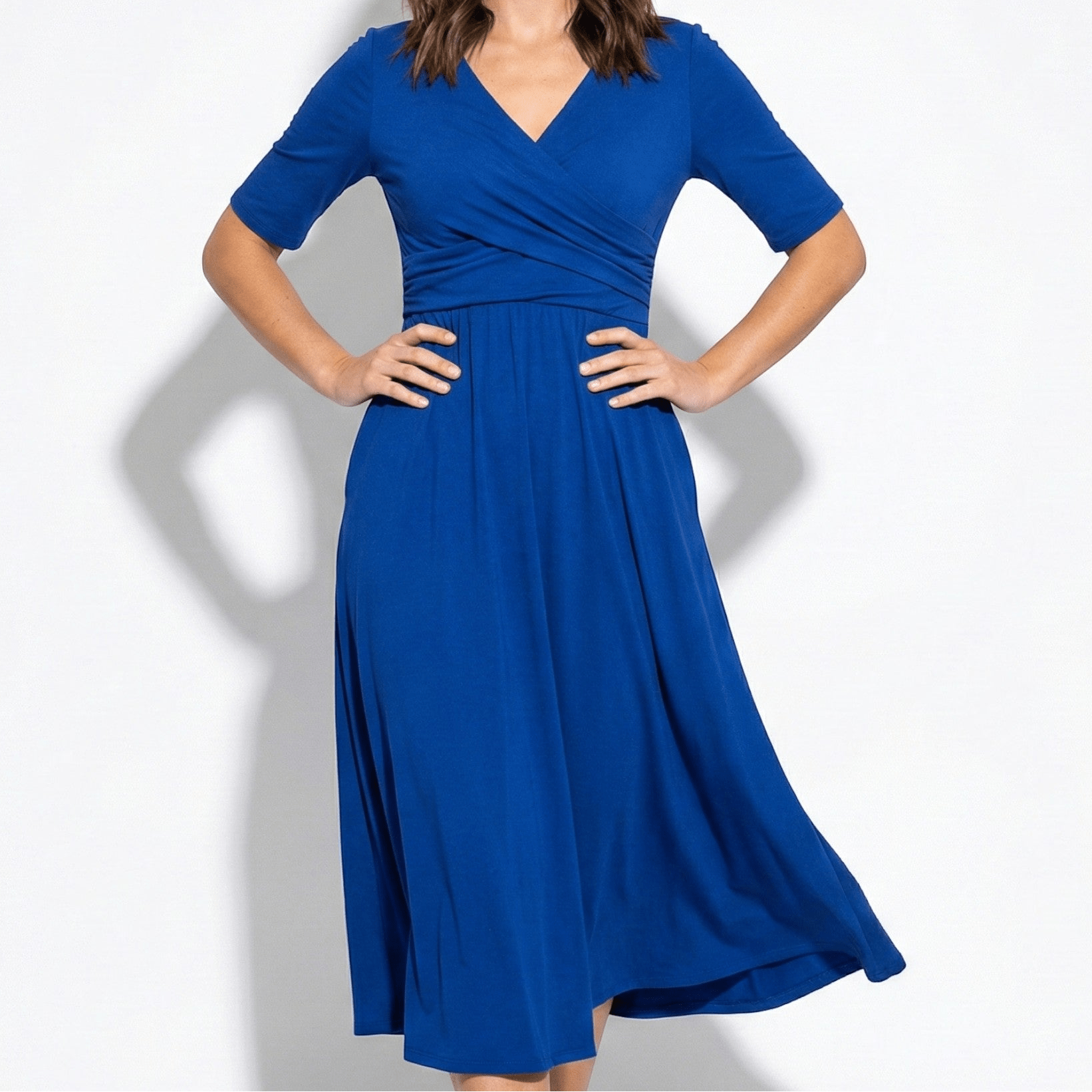 Amelia - Women's V - Neck Mid - Sleeve Flared Midi Dress - Women Dress - Blue - Taylor & Bennett