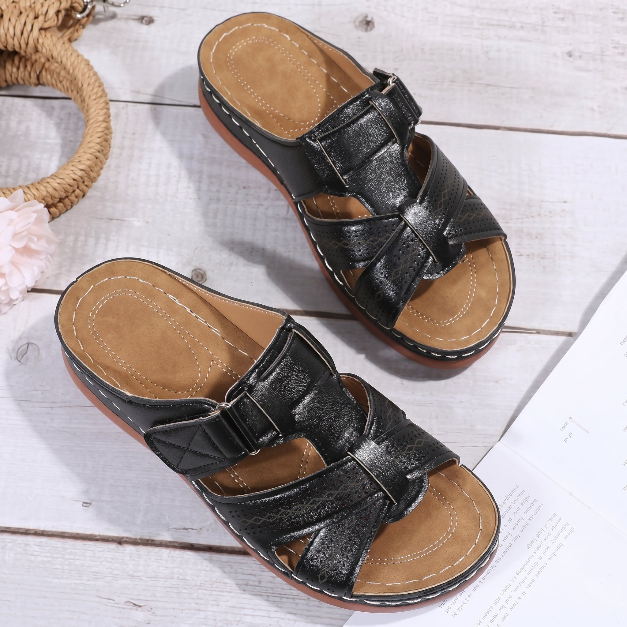 Anelie - Women's Orthopaedic Slip-On Wedge Sandals - Sandals - Black - Taylor & Bennett