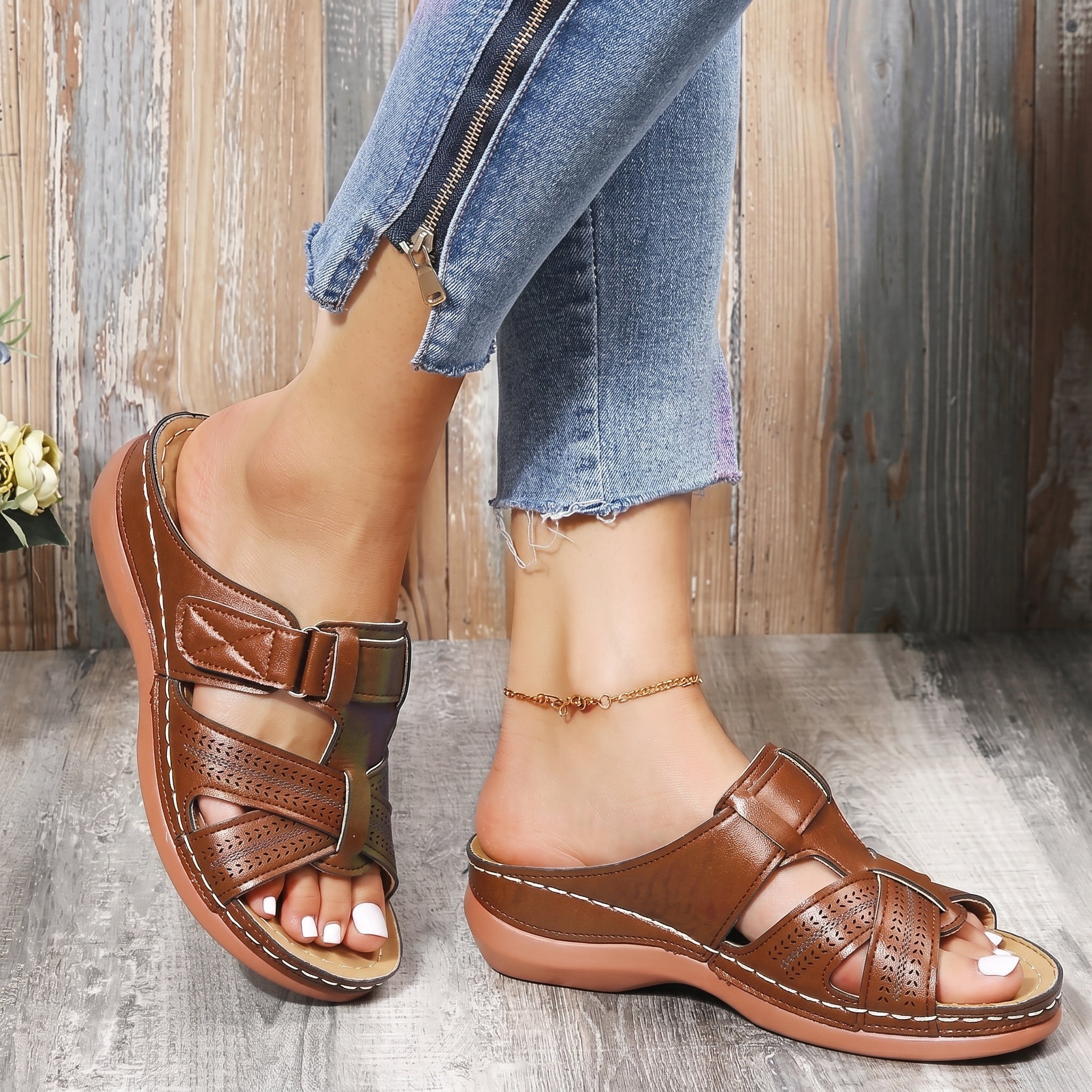 Anelie - Women's Orthopaedic Slip-On Wedge Sandals - Sandals - Brown - Taylor & Bennett