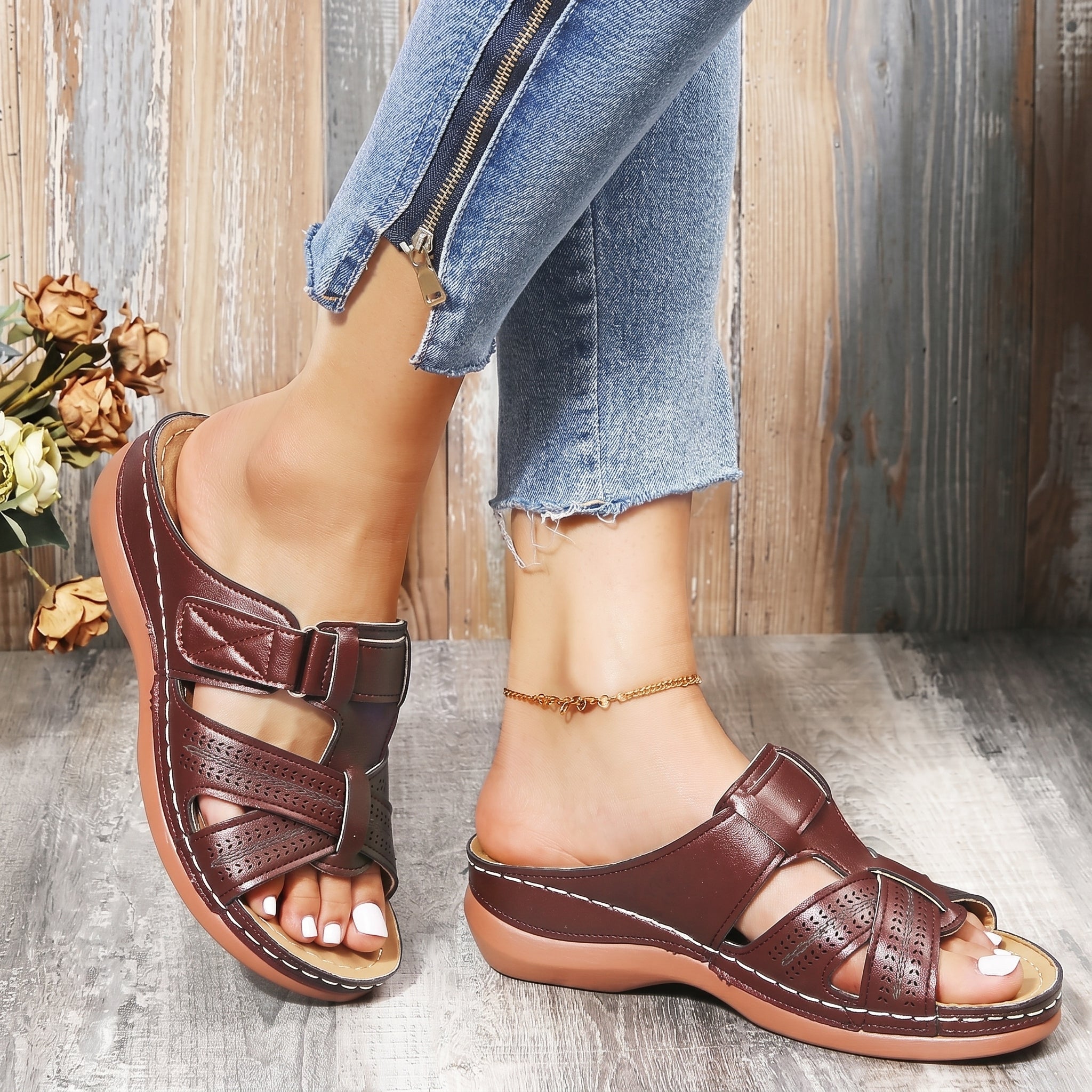 Anelie - Women's Orthopaedic Slip-On Wedge Sandals - Sandals - Burgundy - Taylor & Bennett