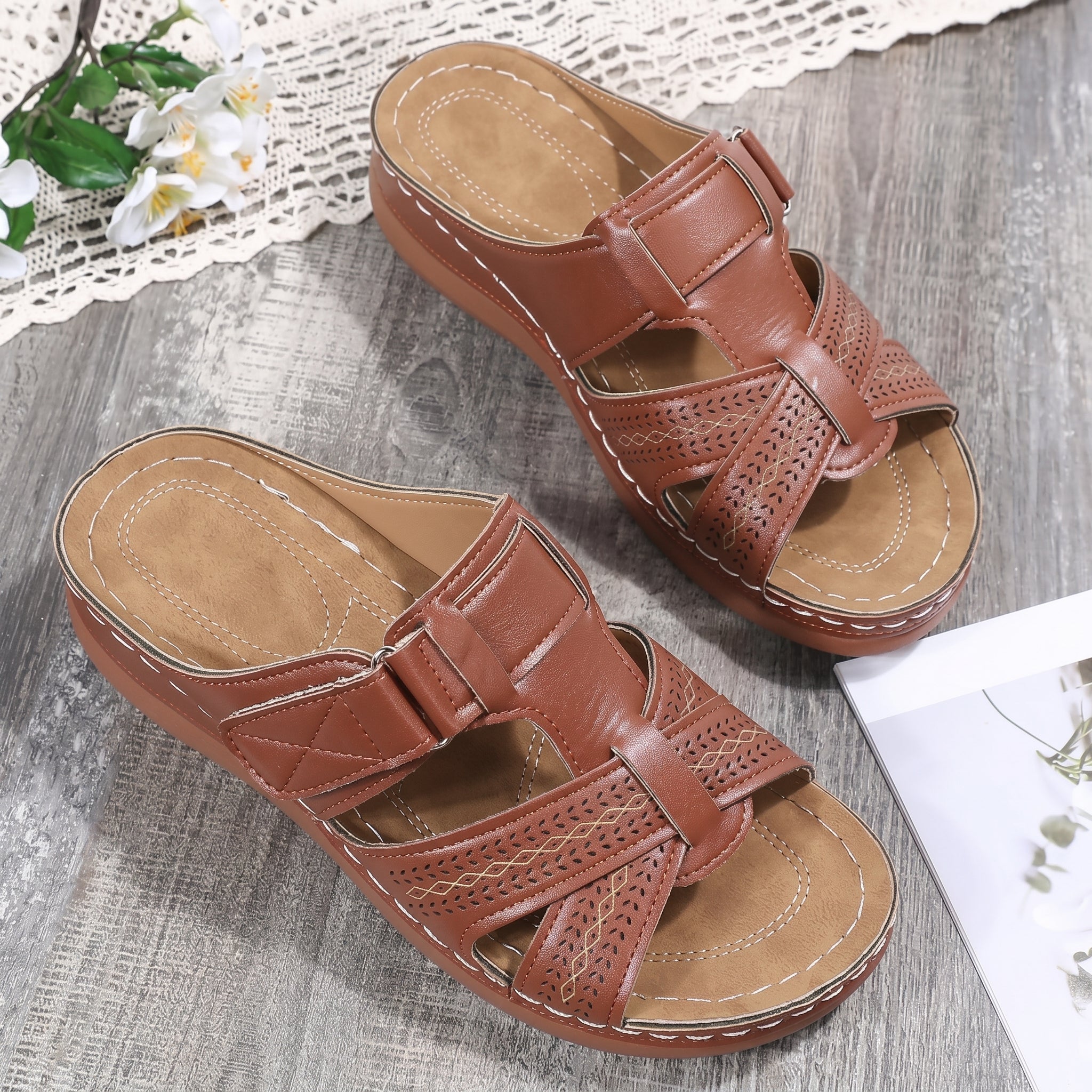 Anelie - Women's Orthopaedic Slip-On Wedge Sandals - Sandals - Brown - Taylor & Bennett