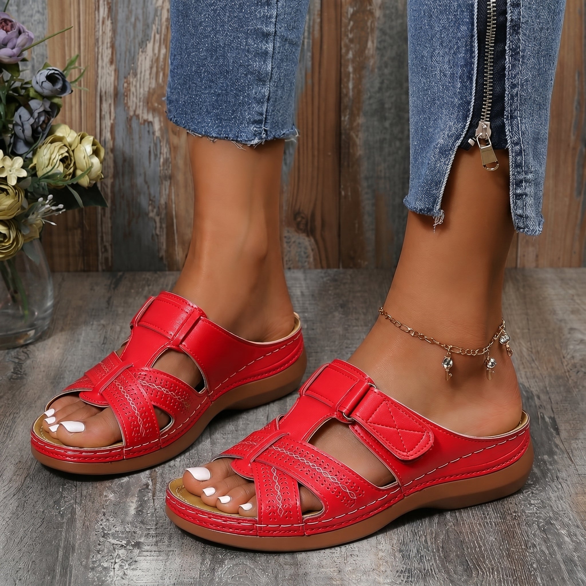Anelie - Women's Orthopaedic Slip-On Wedge Sandals - Sandals - Red - Taylor & Bennett