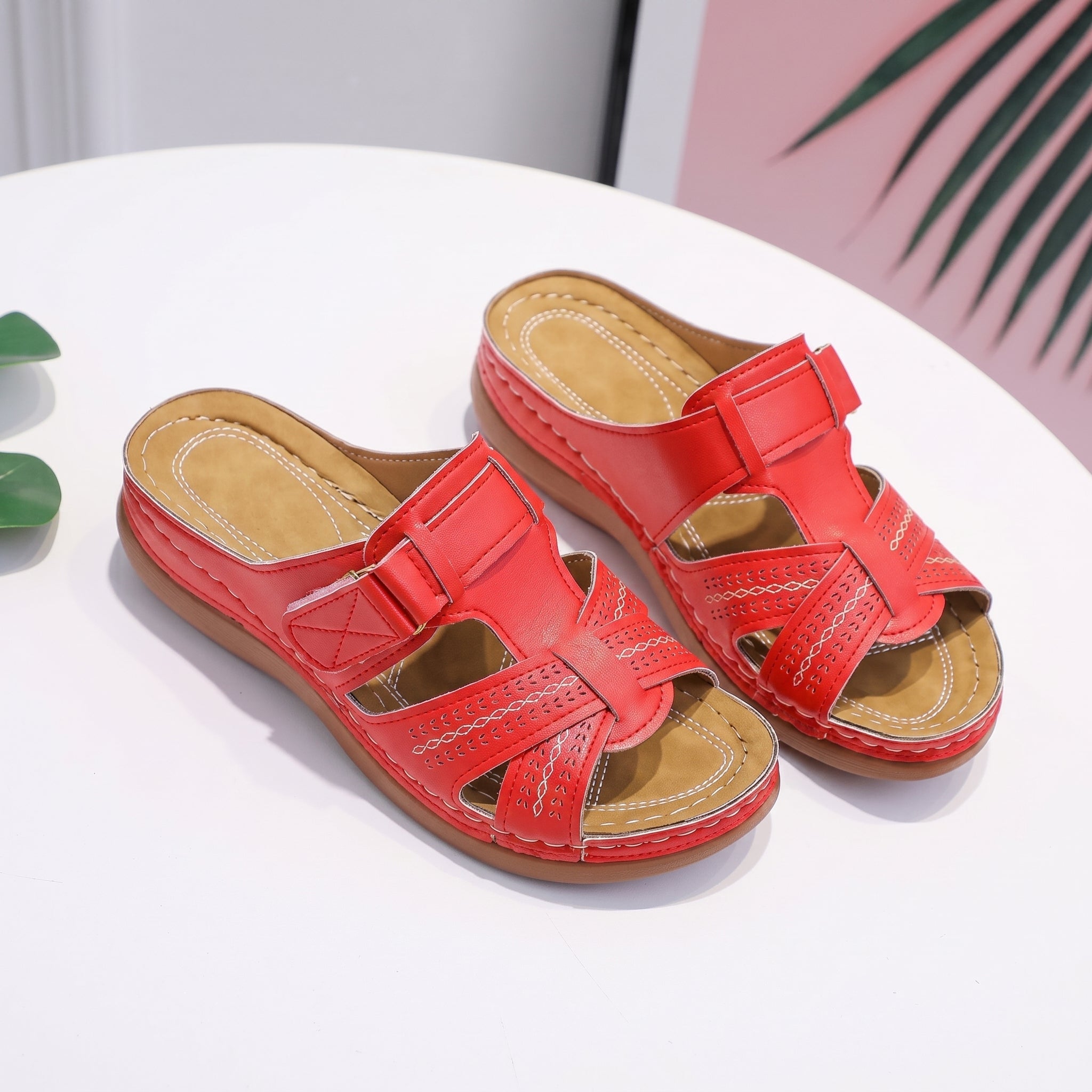 Anelie - Women's Orthopaedic Slip-On Wedge Sandals - Sandals - Red - Taylor & Bennett