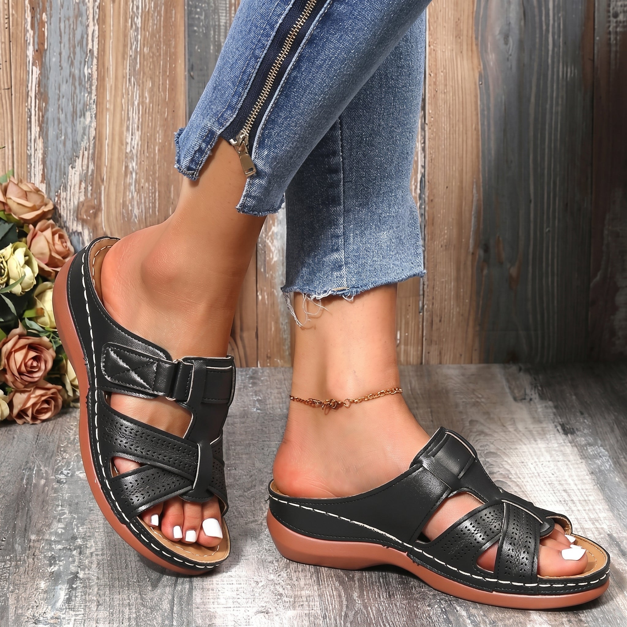 Anelie - Women's Orthopaedic Slip-On Wedge Sandals - Sandals - Black - Taylor & Bennett