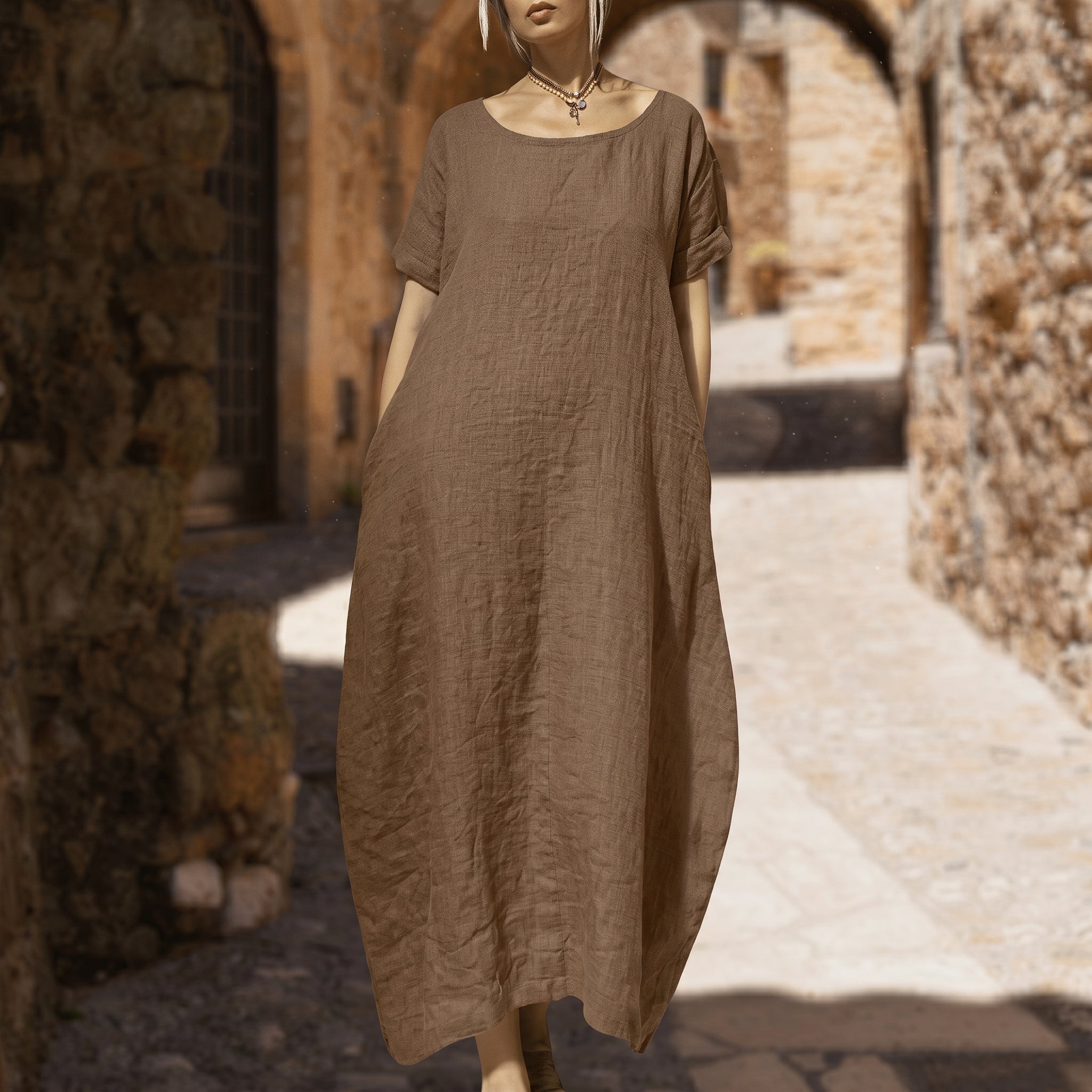 Anika - Women's Summer Relaxed Fit Round Neck Maxi Dress - Dresses - Brown - Taylor & Bennett