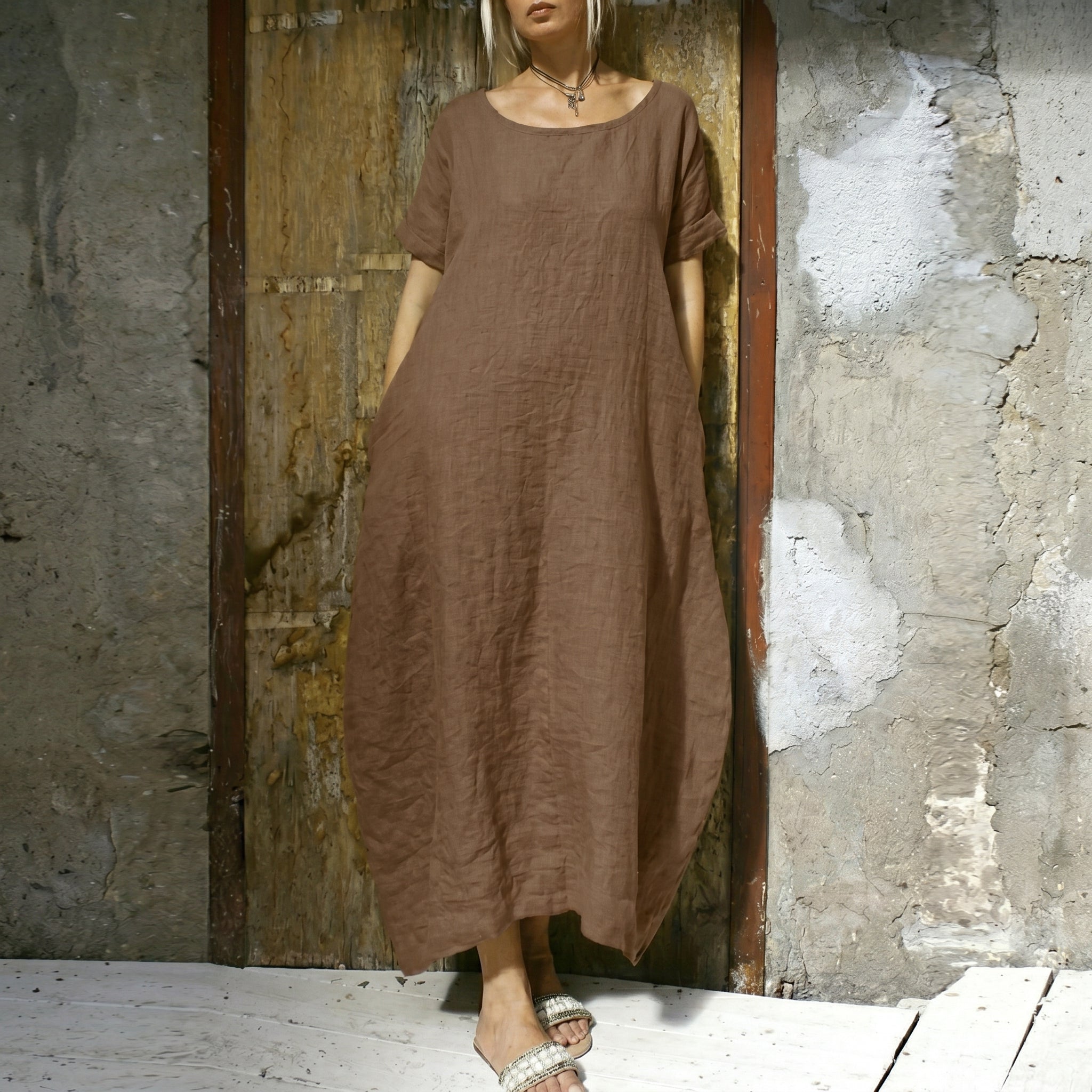 Anika - Women's Summer Relaxed Fit Round Neck Maxi Dress - Dresses - Brown - Taylor & Bennett
