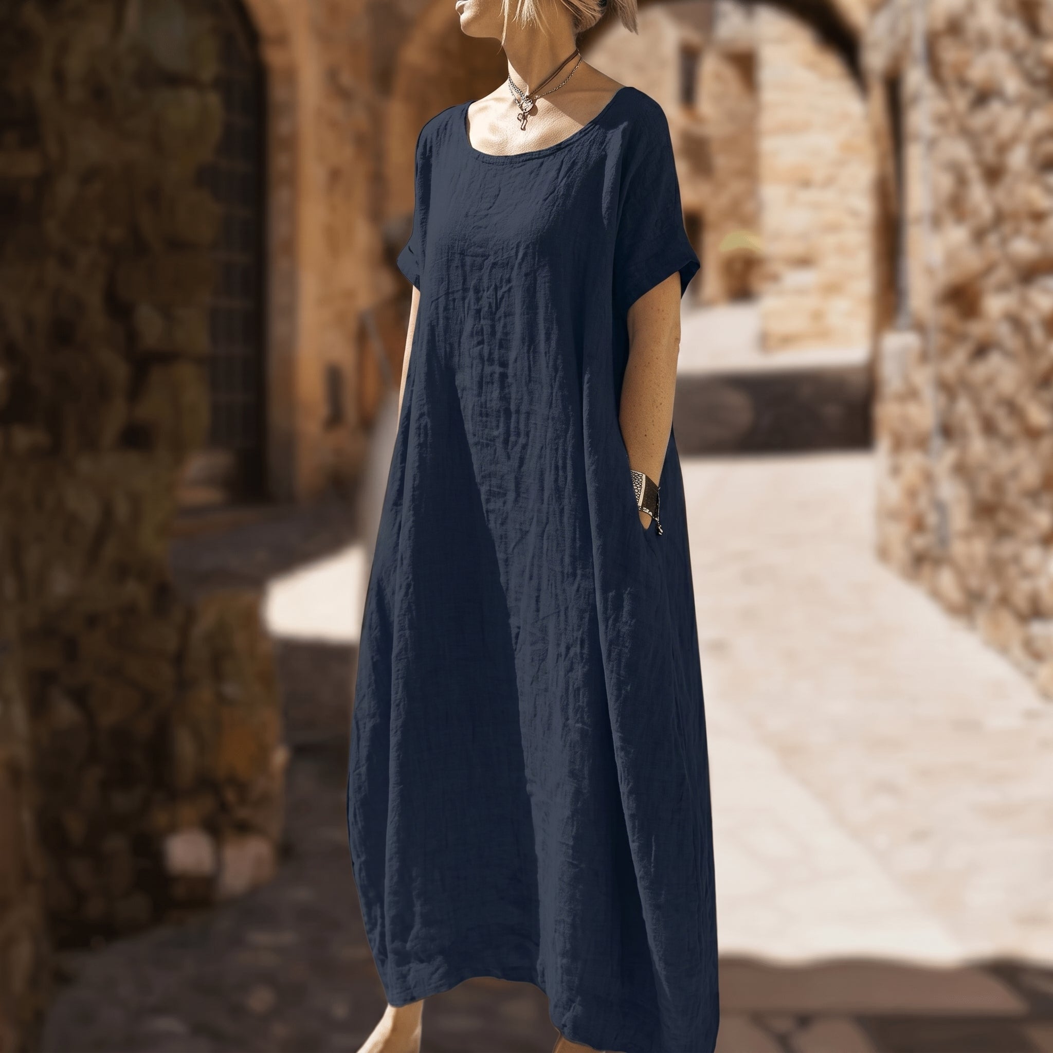 Anika - Women's Summer Relaxed Fit Round Neck Maxi Dress - Dresses - Blue - Taylor & Bennett
