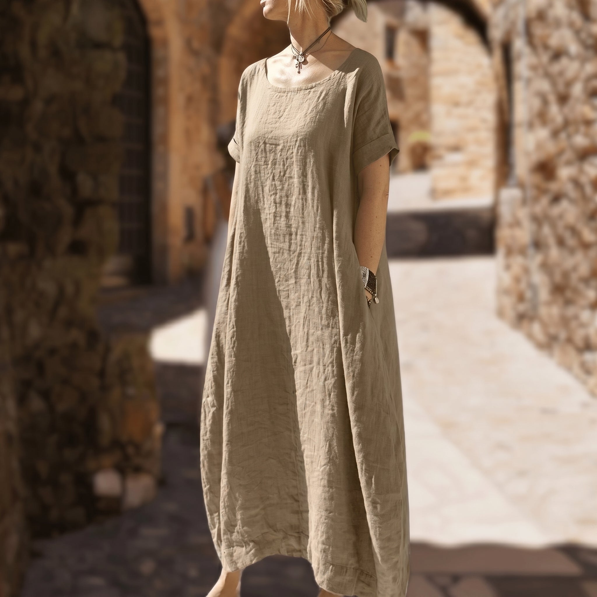 Anika - Women's Summer Relaxed Fit Round Neck Maxi Dress - Dresses - Caramel - Taylor & Bennett