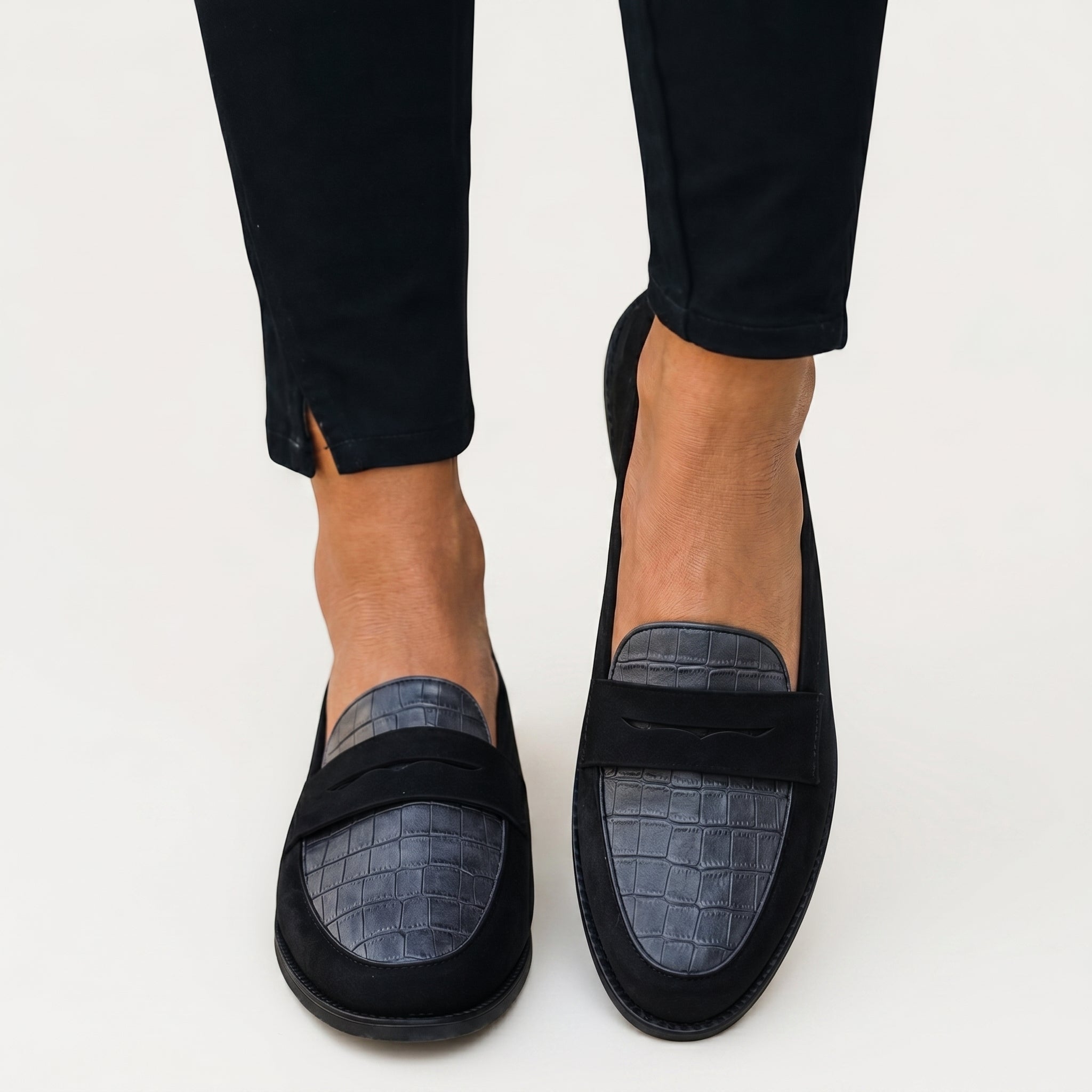 Annalise - Women's Velvet Round Toe Penny Loafers - Shoes Women - Black - Taylor & Bennett