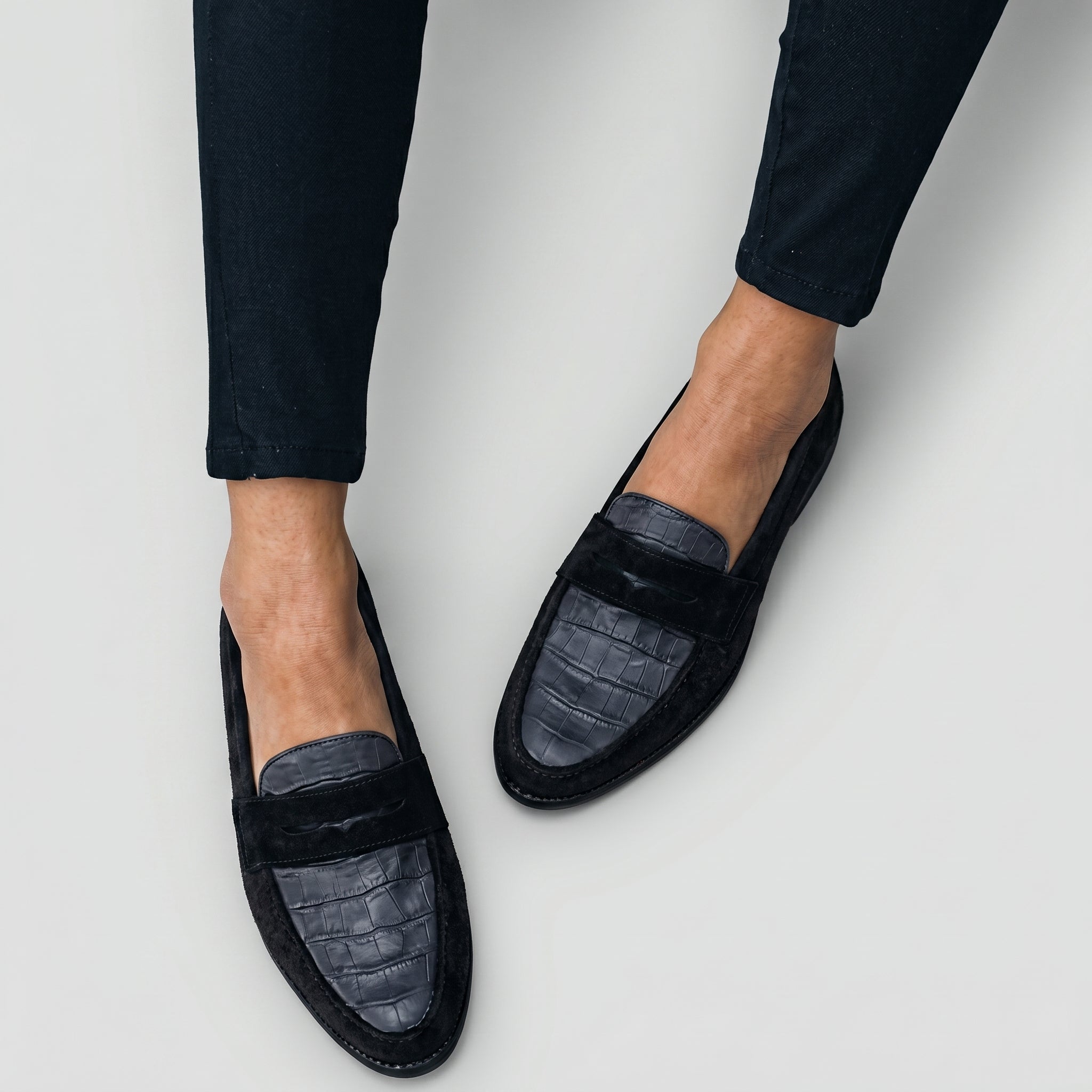 Annalise - Women's Velvet Round Toe Penny Loafers - Shoes Women - Black - Taylor & Bennett