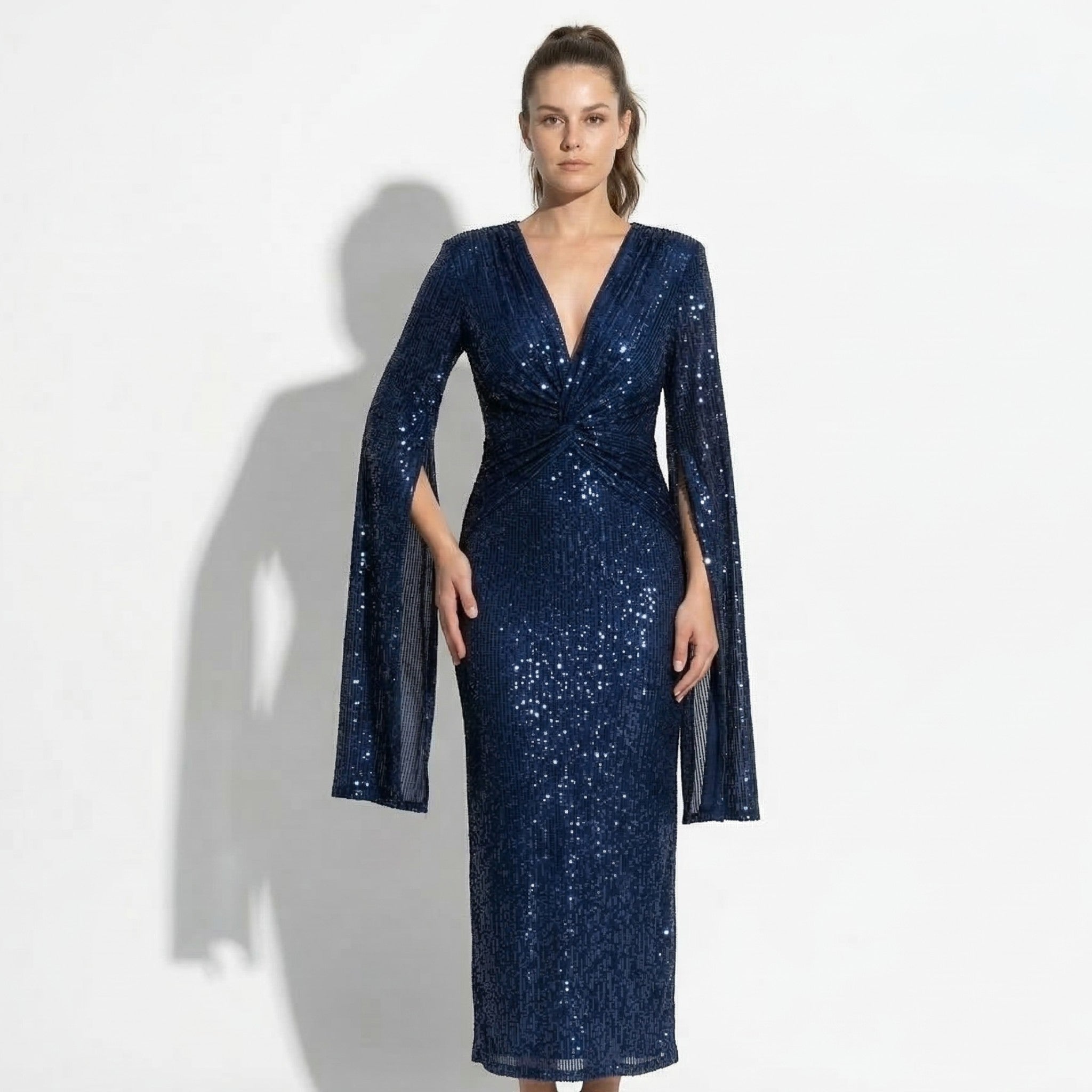 Anne - Women's V - Neck Maxi Dress with Cape Sleeves - Maxi Dresses - Navy Blue - Taylor & Bennett