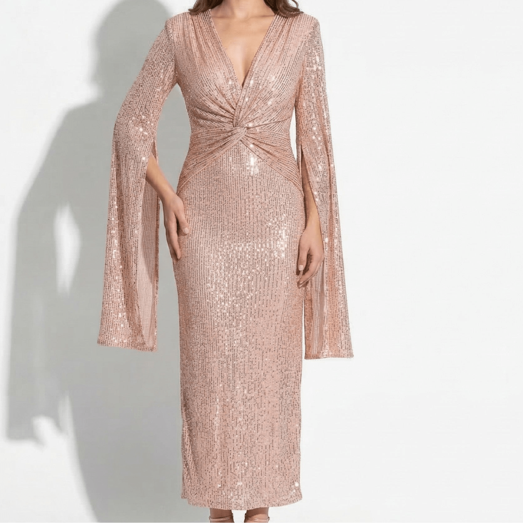 Anne - Women's V - Neck Maxi Dress with Cape Sleeves - Maxi Dresses - Pink - Taylor & Bennett