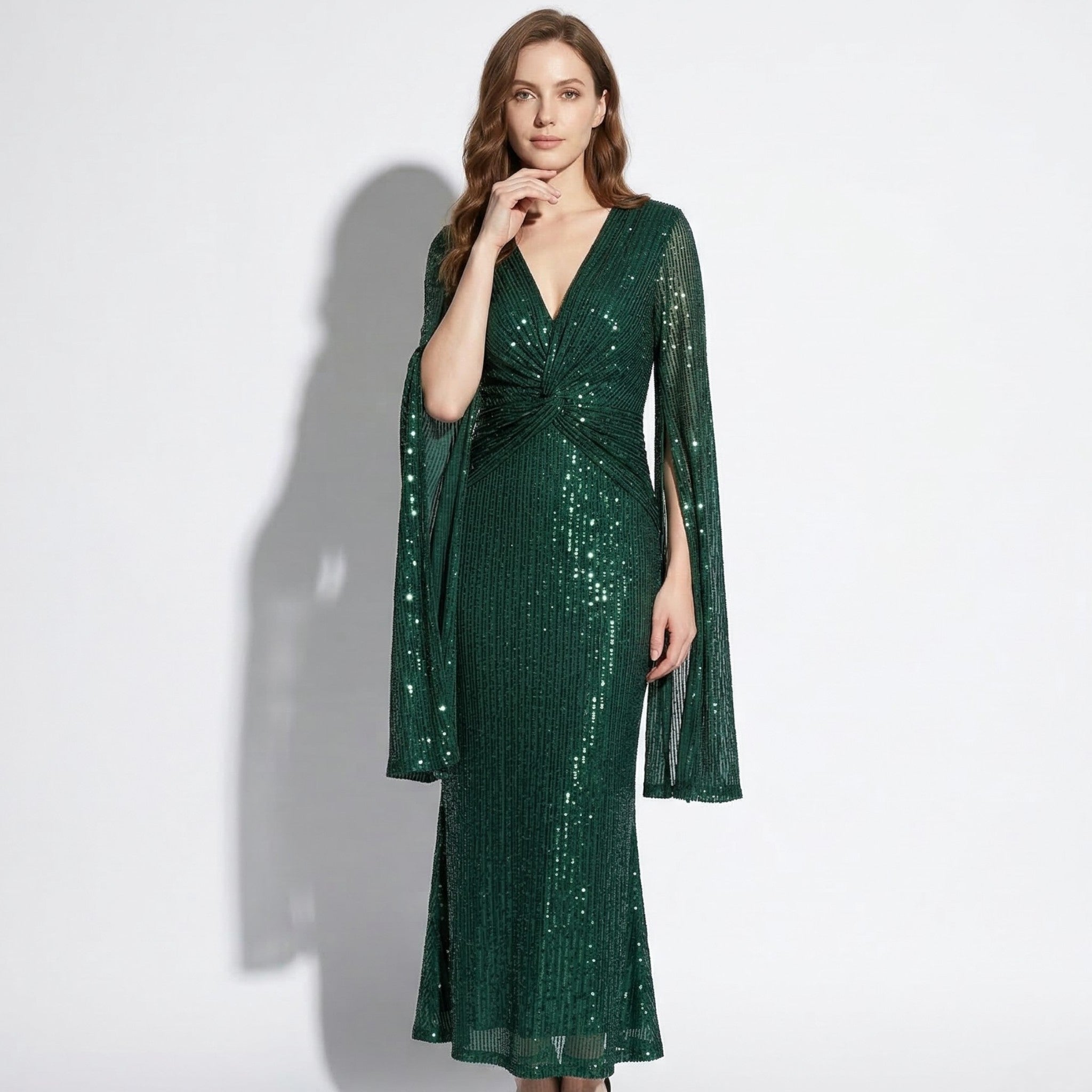 Anne - Women's V - Neck Maxi Dress with Cape Sleeves - Maxi Dresses - Green - Taylor & Bennett