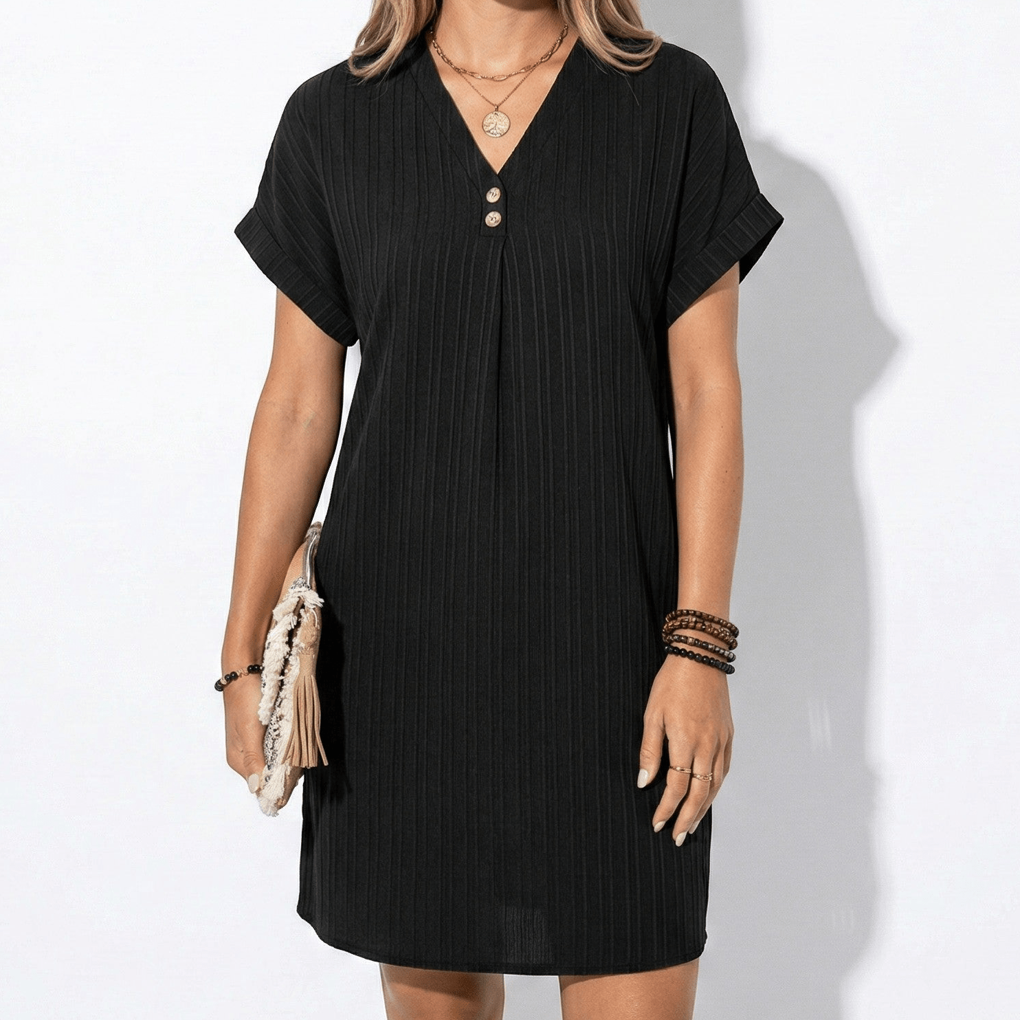 Anne - Women's V - Neck Short Sleeve Mini Dress - Dress - Black - Taylor & Bennett