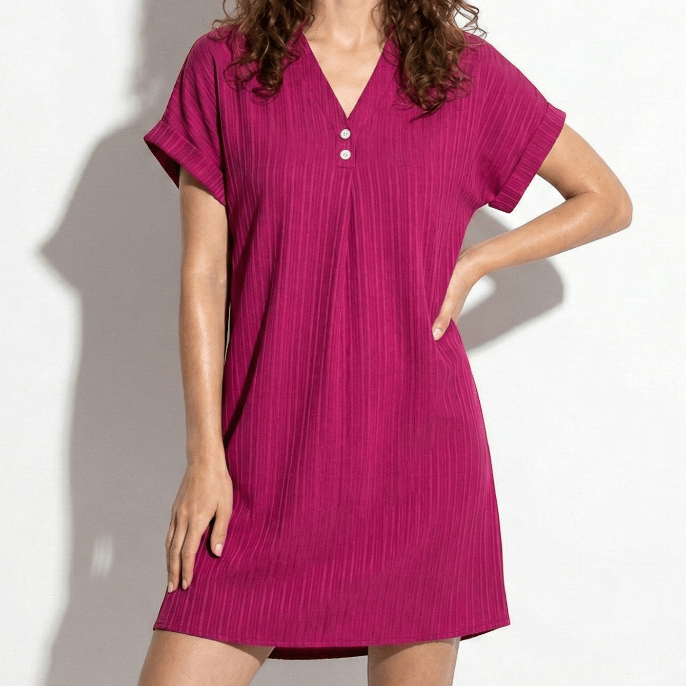 Anne - Women's V - Neck Short Sleeve Mini Dress - Dress - Pink - Taylor & Bennett