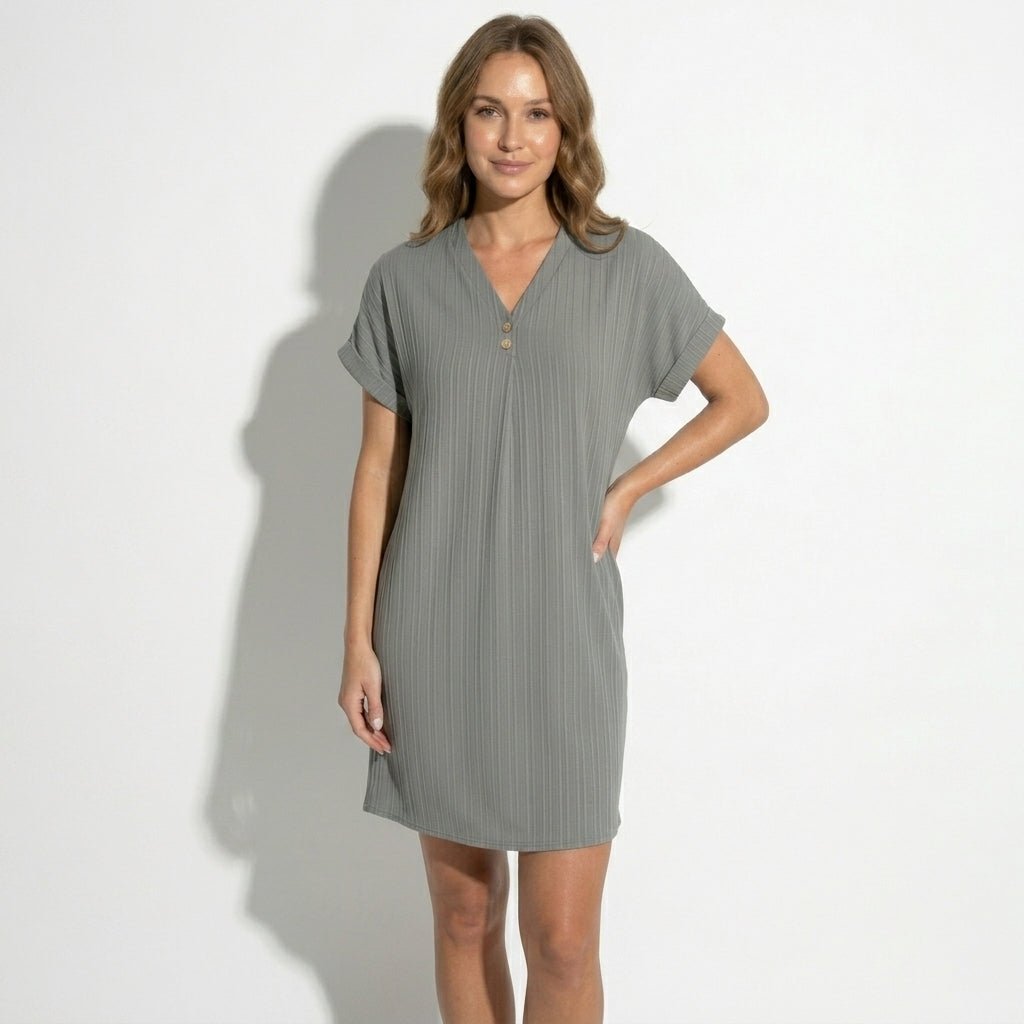 Anne - Women's V - Neck Short Sleeve Mini Dress - Mini Dress - Grey - Taylor & Bennett