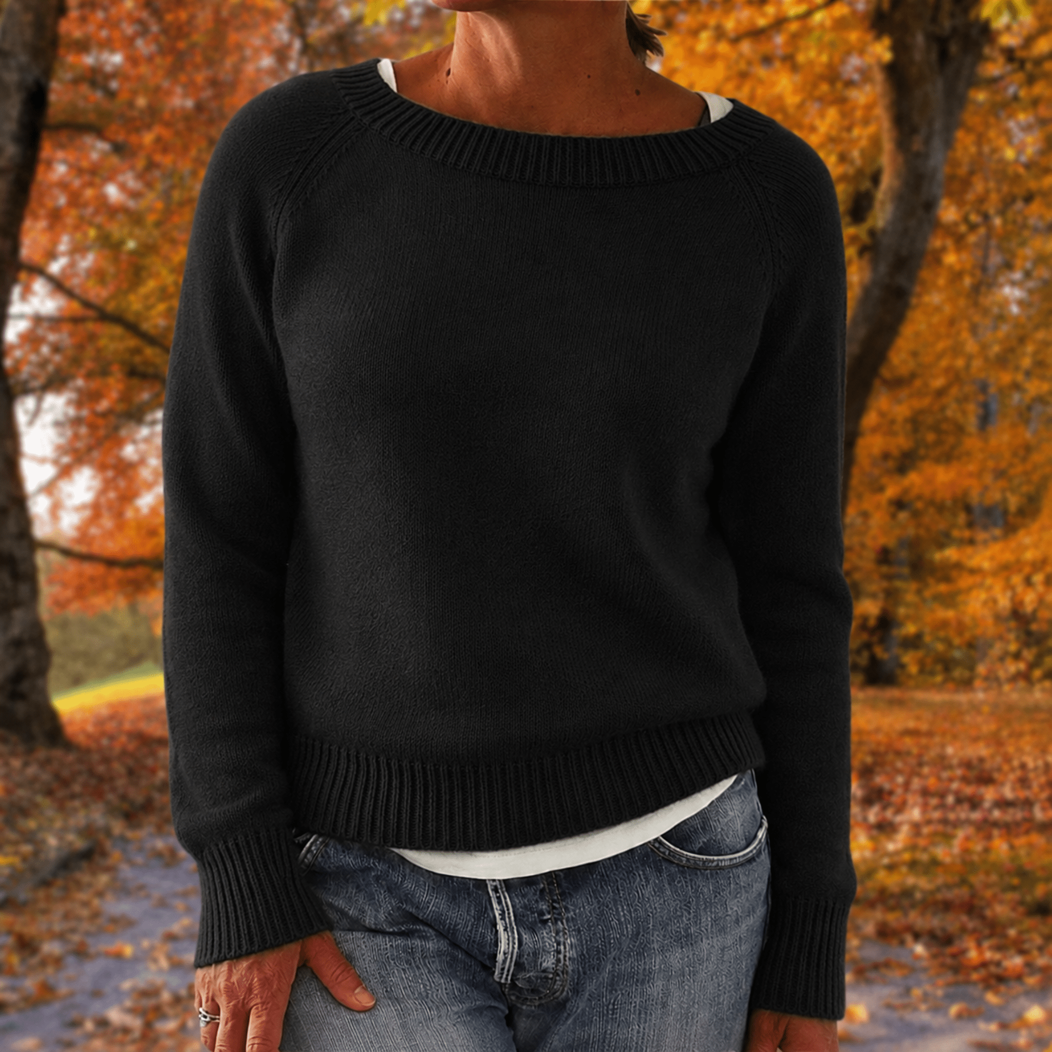 Anneliese - Women's Relaxed Fit Raglan Sleeve Jumper with Ribbed Trim - Sweaters - Black - Taylor & Bennett