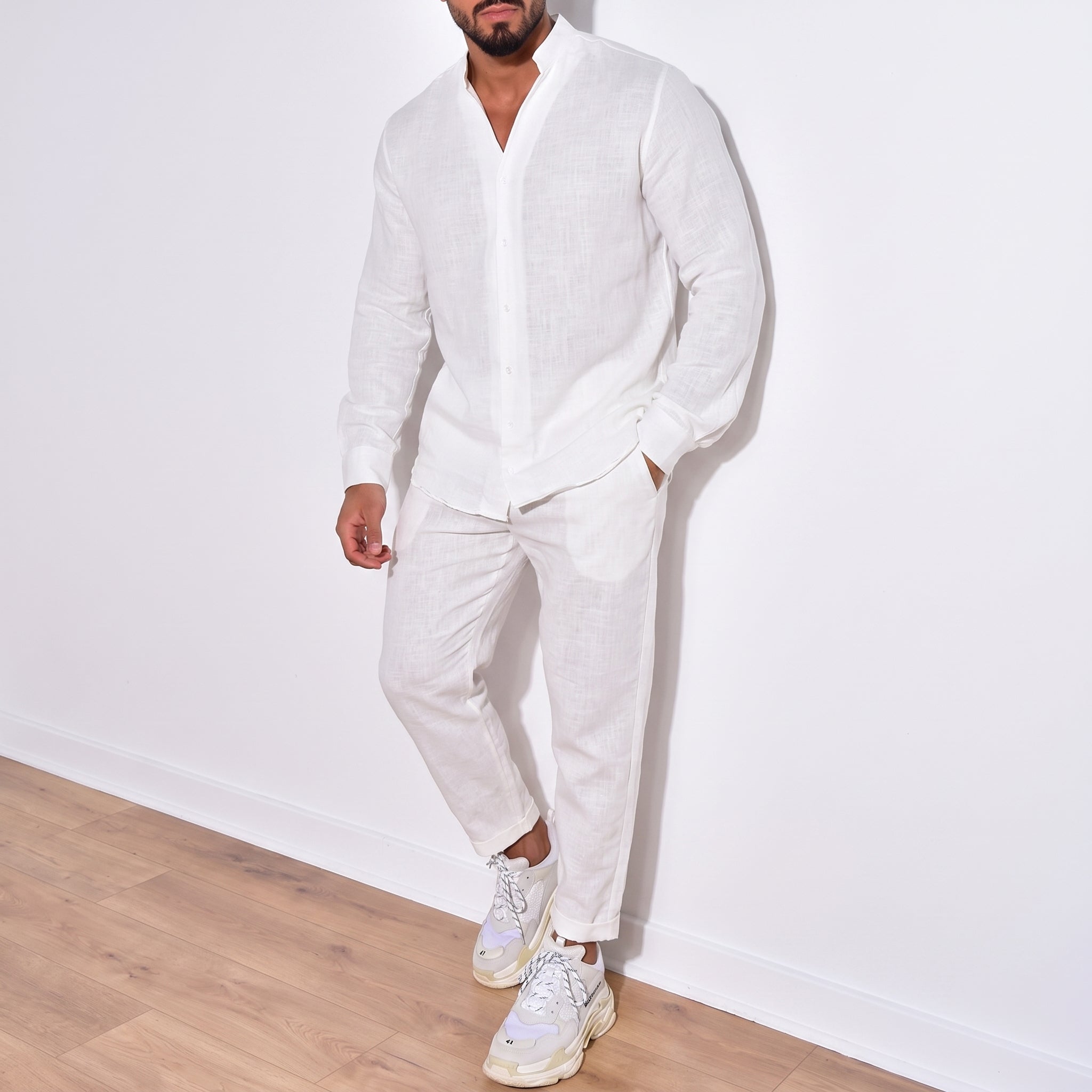 Arthur – Men's Grandad Collar Long Sleeve Shirt Co-ord Set - Outfit Sets - Beige - Taylor & Bennett
