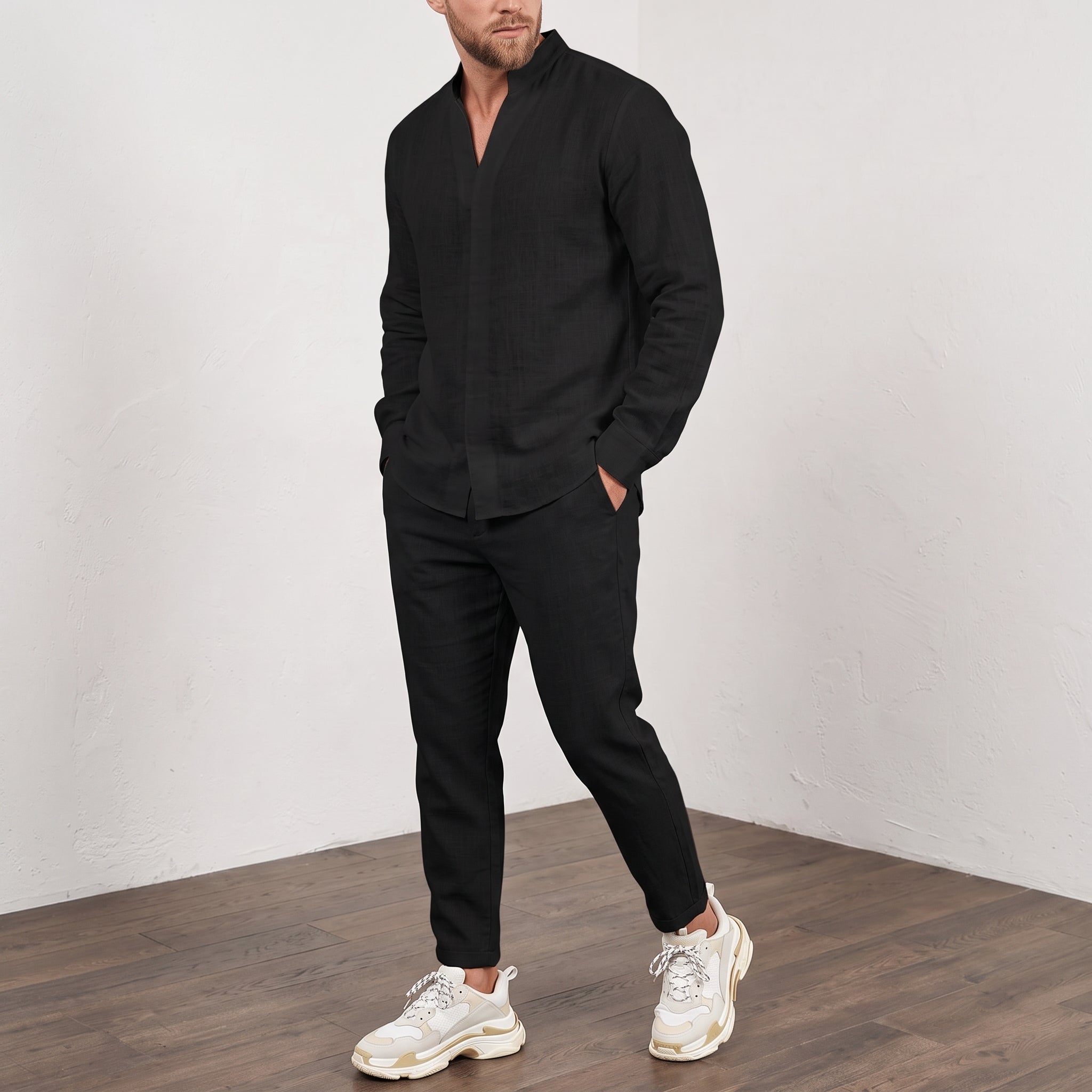 Arthur – Men's Grandad Collar Long Sleeve Shirt Co-ord Set - Outfit Sets - Black - Taylor & Bennett