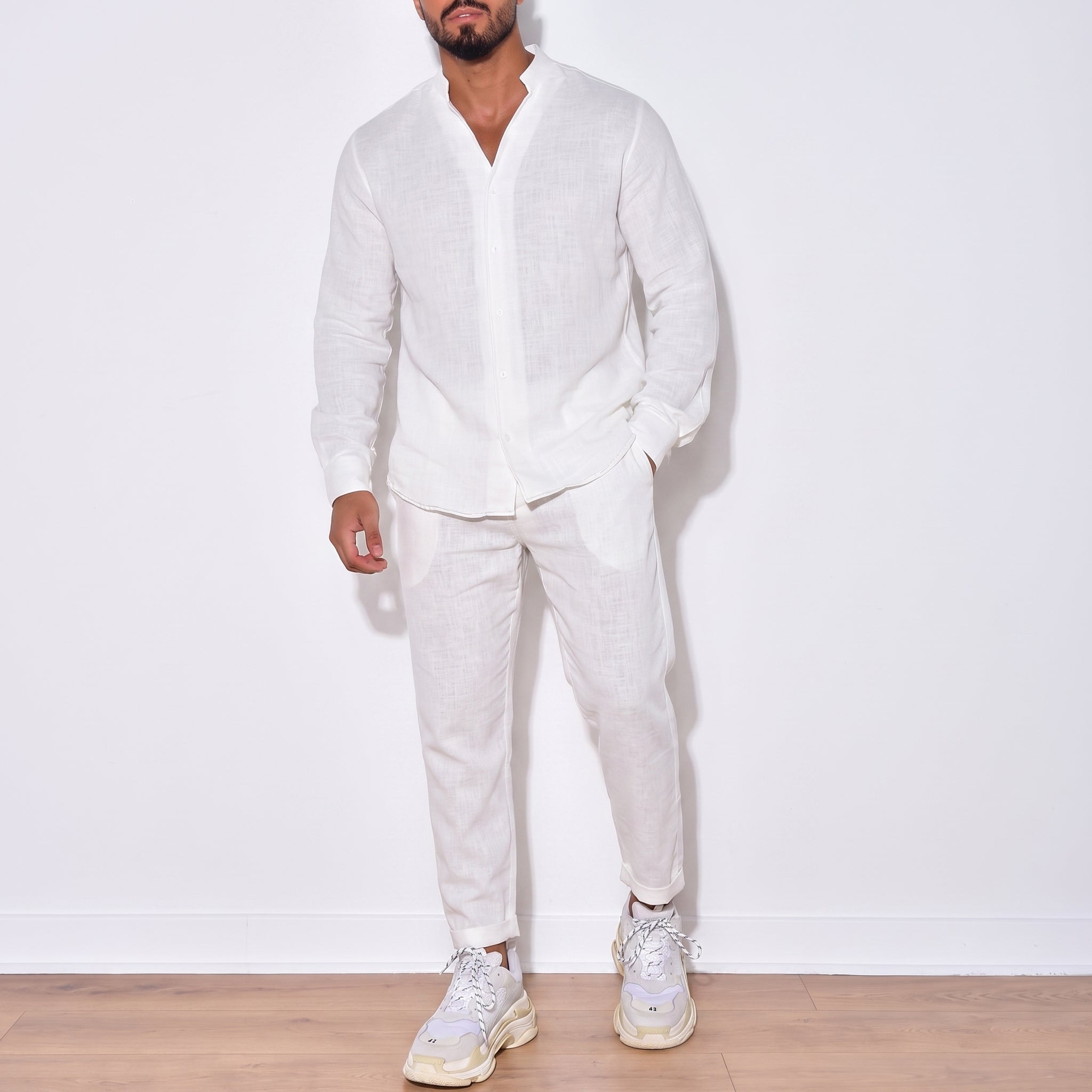 Arthur – Men's Grandad Collar Long Sleeve Shirt Co-ord Set - Outfit Sets - Beige - Taylor & Bennett