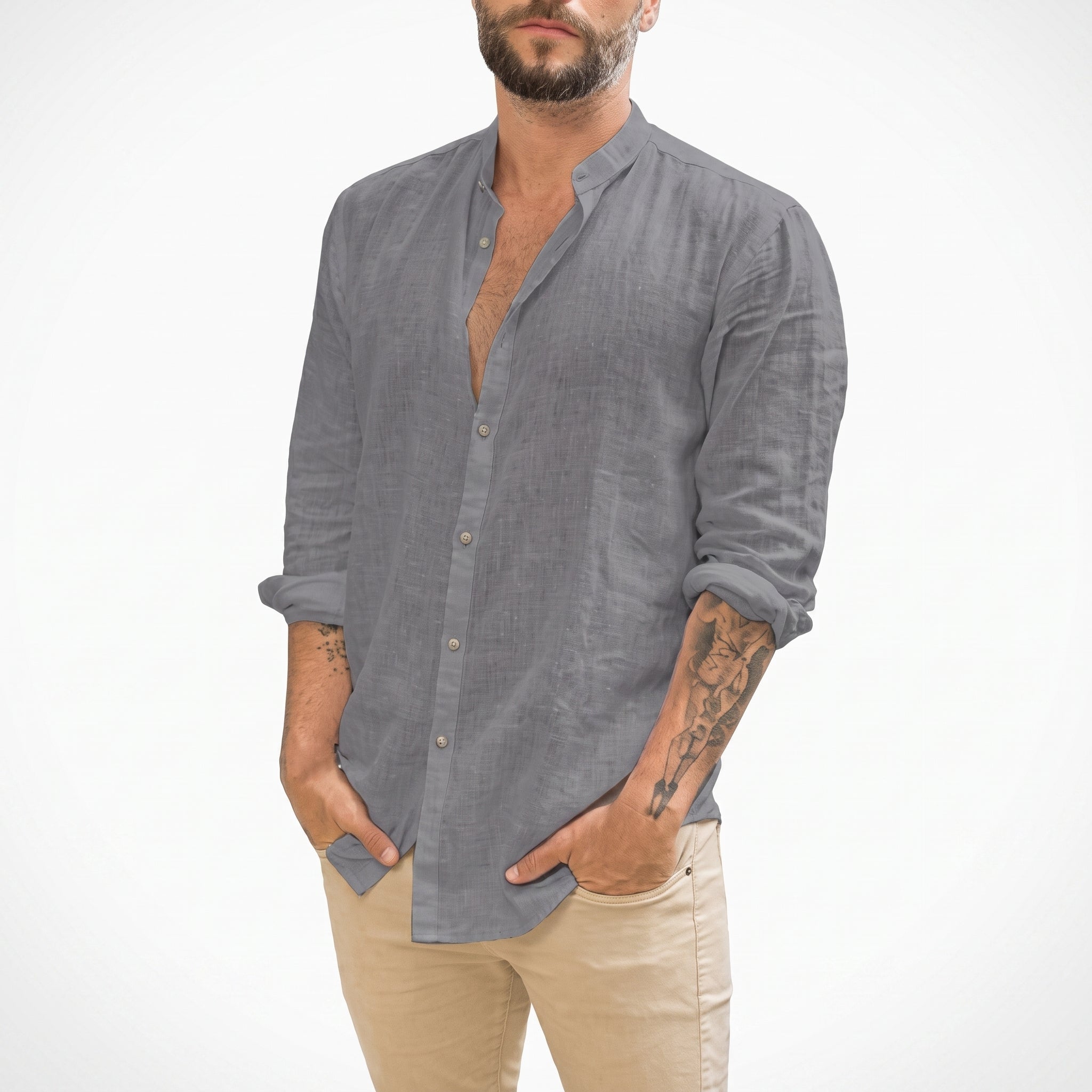 Arthur – Men's Relaxed Fit Mandarin Collar Long Sleeve Shirt - Shirts - Grey - Taylor & Bennett