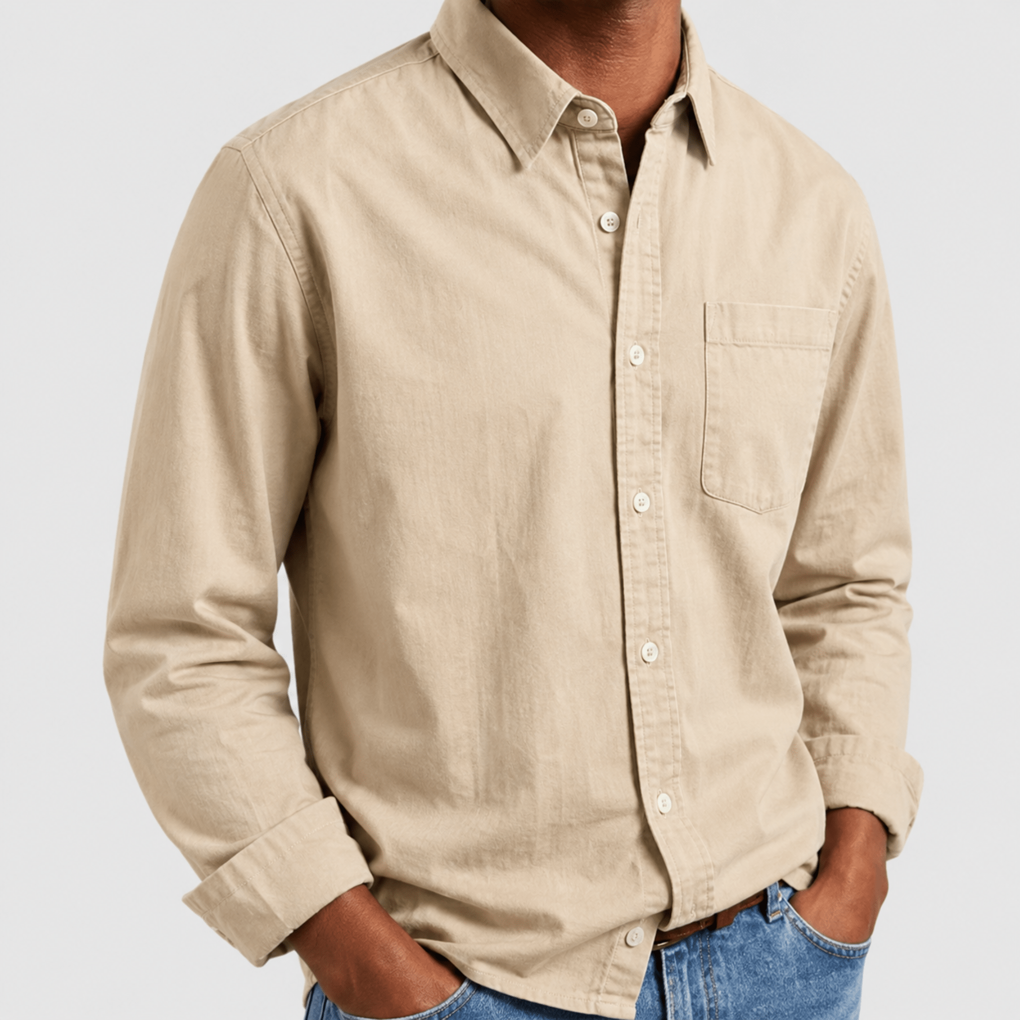 Arthur - Men's Relaxed Fit Point Collar Long Sleeve Shirt - Shirts - Beige - Taylor & Bennett