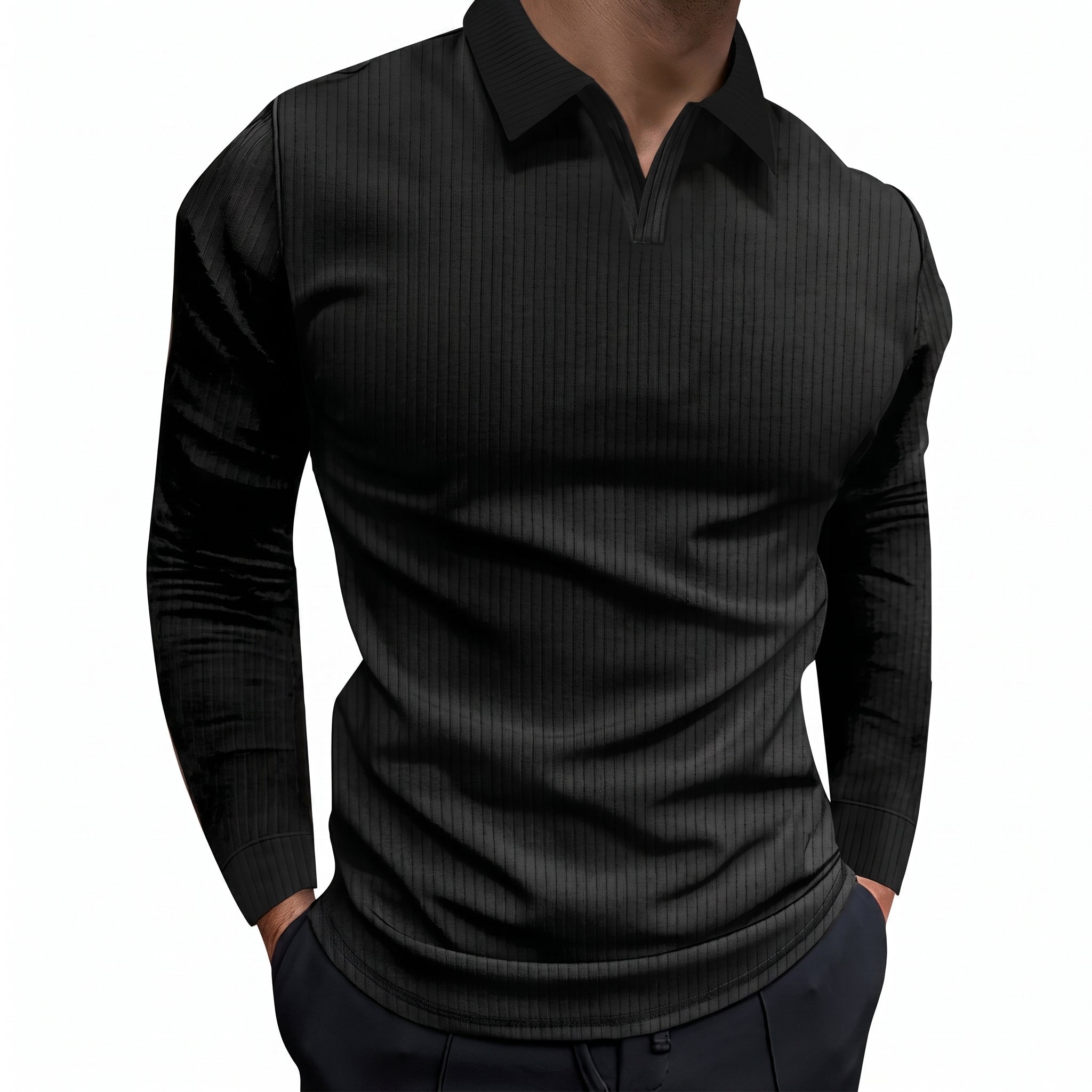 Arthur - Men's Relaxed Fit Ribbed Open Collar Polo Shirt - Polos - Black - Taylor & Bennett