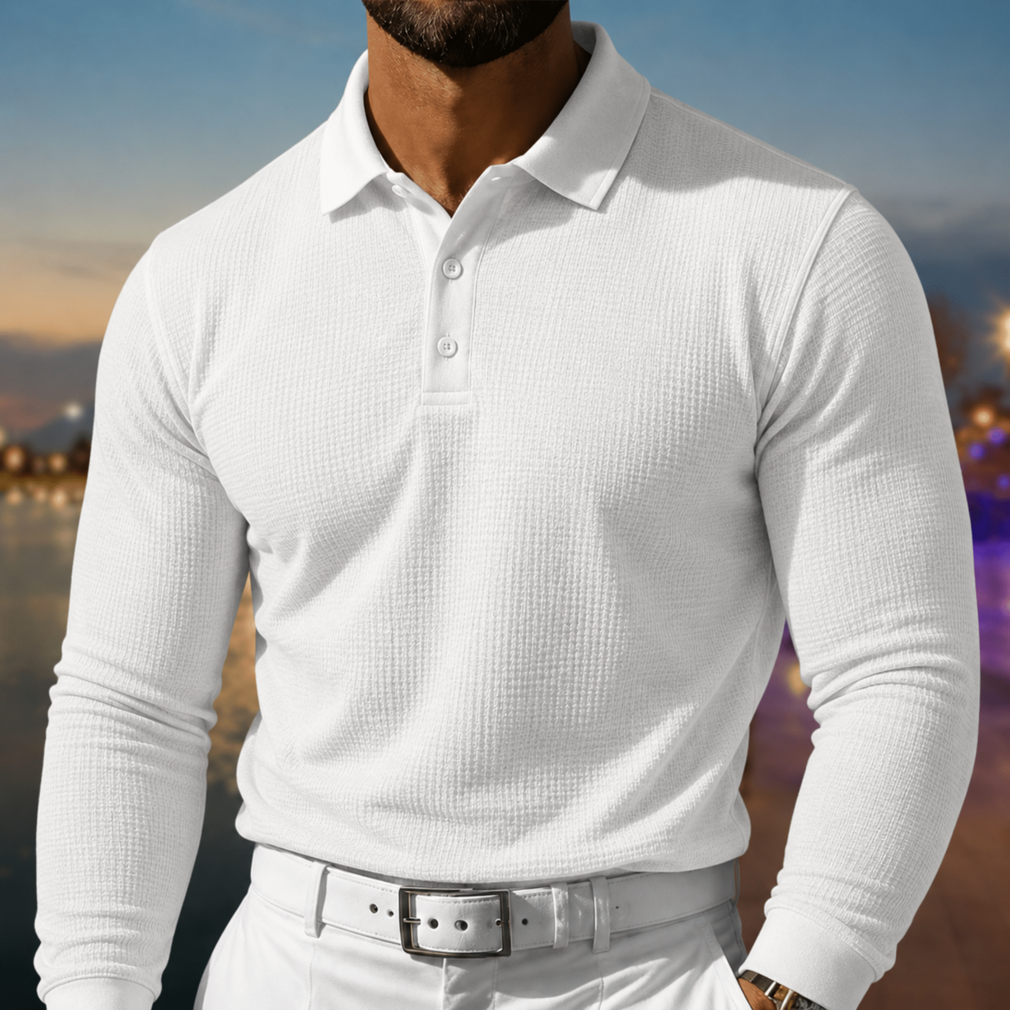 Arthur - Men's Slim Fit Textured Long Sleeve Polo Shirt - Polos - White - Taylor & Bennett